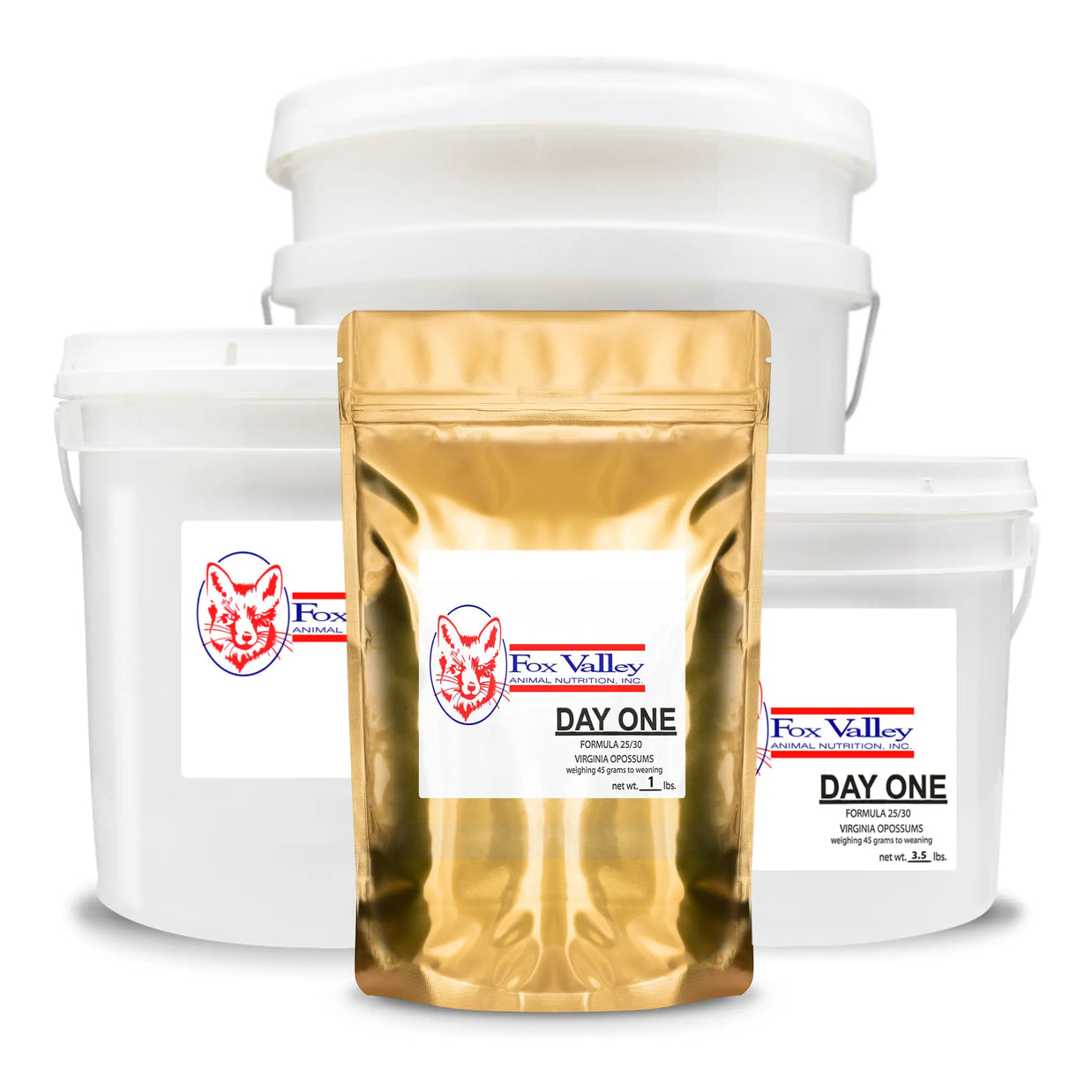 Image of all four sizes of Fox Valley 25/30 for Virginia Opossums. Including 1 lb, 3.5 lbs, 8 lbs, 20 lbs.