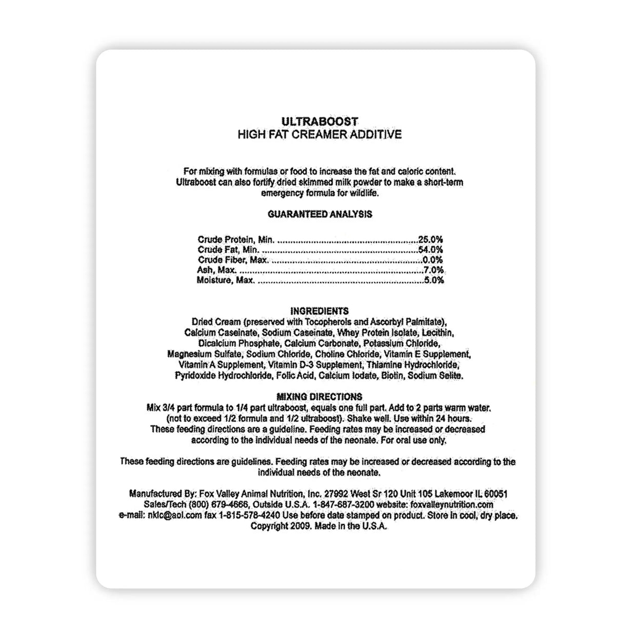 Image of the back label of Fox Valley Ultraboost includes guaranteed analysis, ingredients, mixing directions—all of which can be found in the product descriptions on this page.