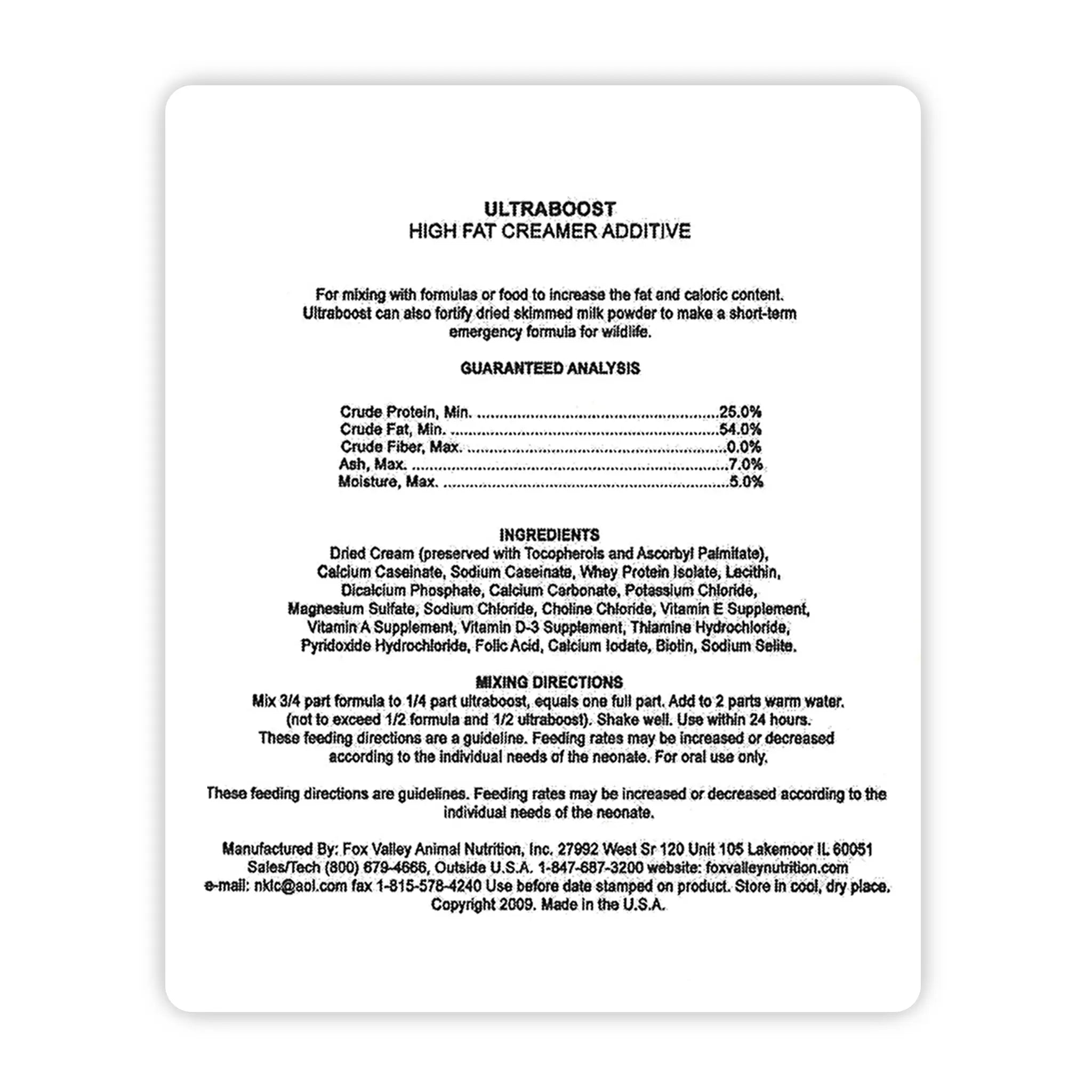 Image of the back label of Fox Valley Ultraboost includes guaranteed analysis, ingredients, mixing directions—all of which can be found in the product descriptions on this page.