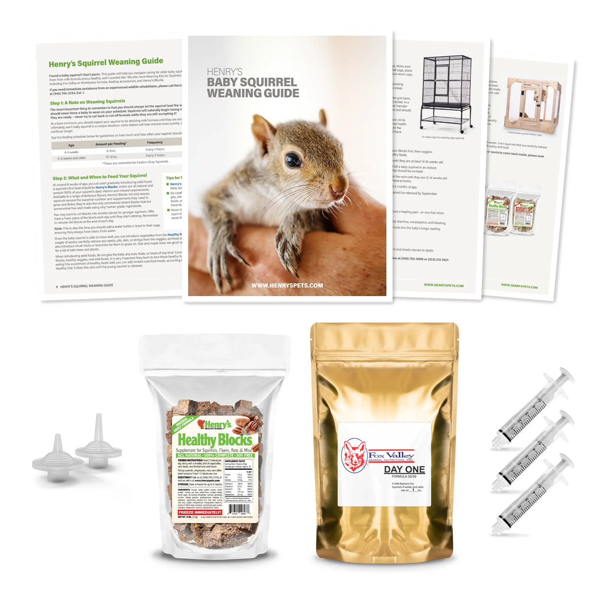 Composite image of everything included in a Standard Fox Valley Weaning Kit: Weaning Guide, Fox Valley 20/50 Formula, Healthy Blocks, Small and Medium Easy-Grip Nipples, three 5 mL syringes.