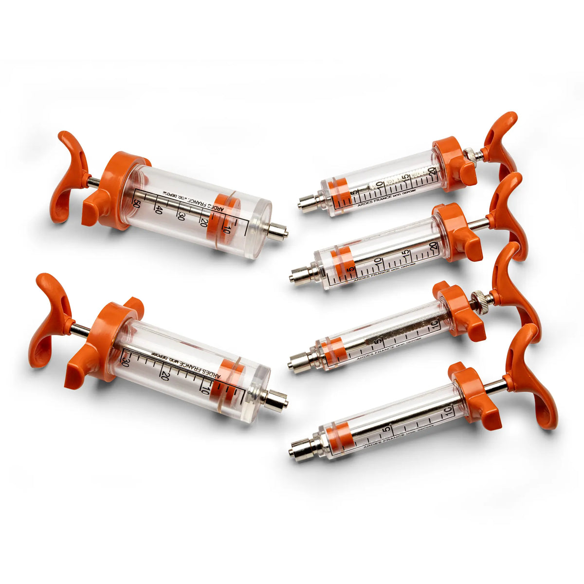 Image of all available sizes of Ardes syringes: 10 mL, 10 mL (with dosage nut), 20 mL, 20 mL (with dosage nut), 30 mL, and 50 mL.