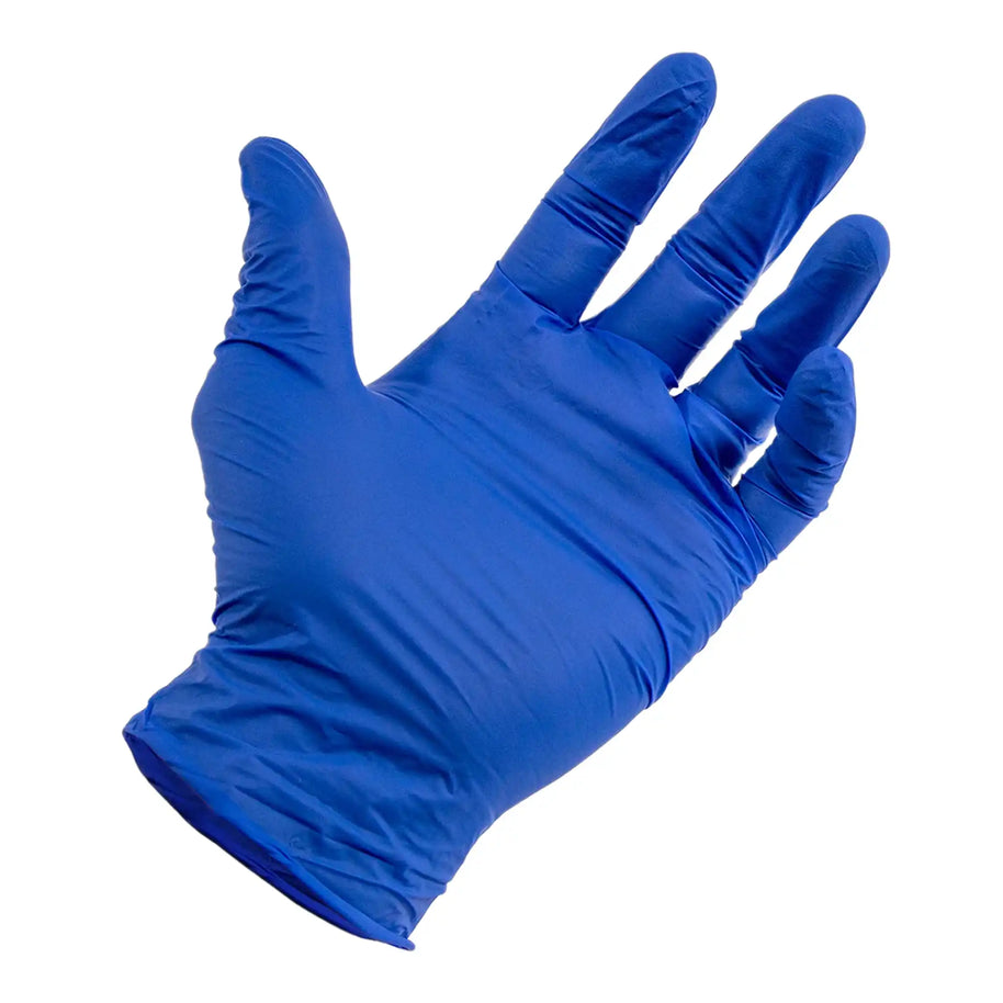 Image of a Blue BetterGloves brand glove on a hand against a white background.