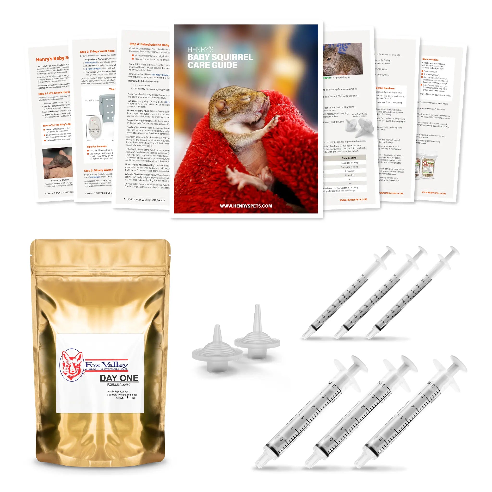 Image of Fox Valley Baby Kit including: Baby Care Guide, Fox Valley 20/50 formula, Small and Medium Easy-Grip Nipples, three 1 mL and three 3 mL syringes.