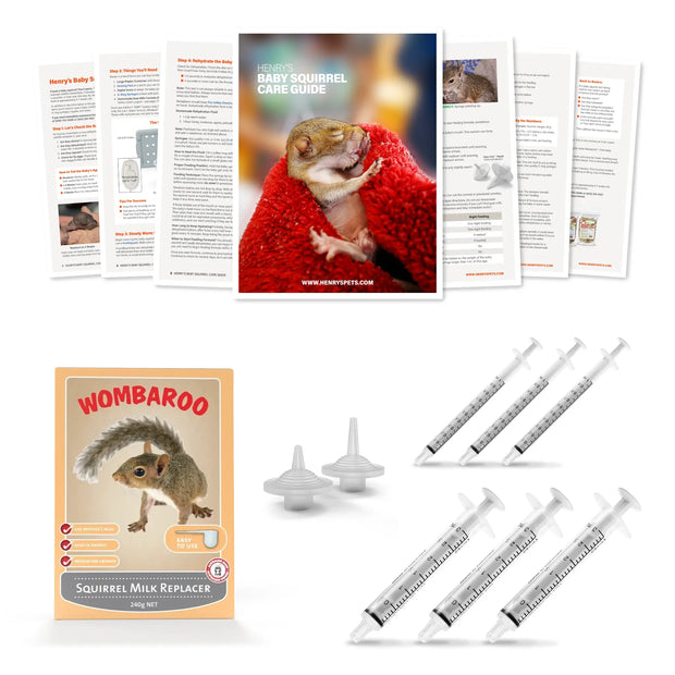 Wombaroo Baby Kit including: Baby Care Guide, Wombaroo Squirrel Milk, Small and Medium Easy-Grip Nipples, three 1 mL and three 3 mL syringes.