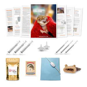 Image of the available contents of a Baby Squirrel Kit, including the Guide, Fox Valley or Wombaroo formula, heating pad, Cozy Pocket, syringes and nipples.