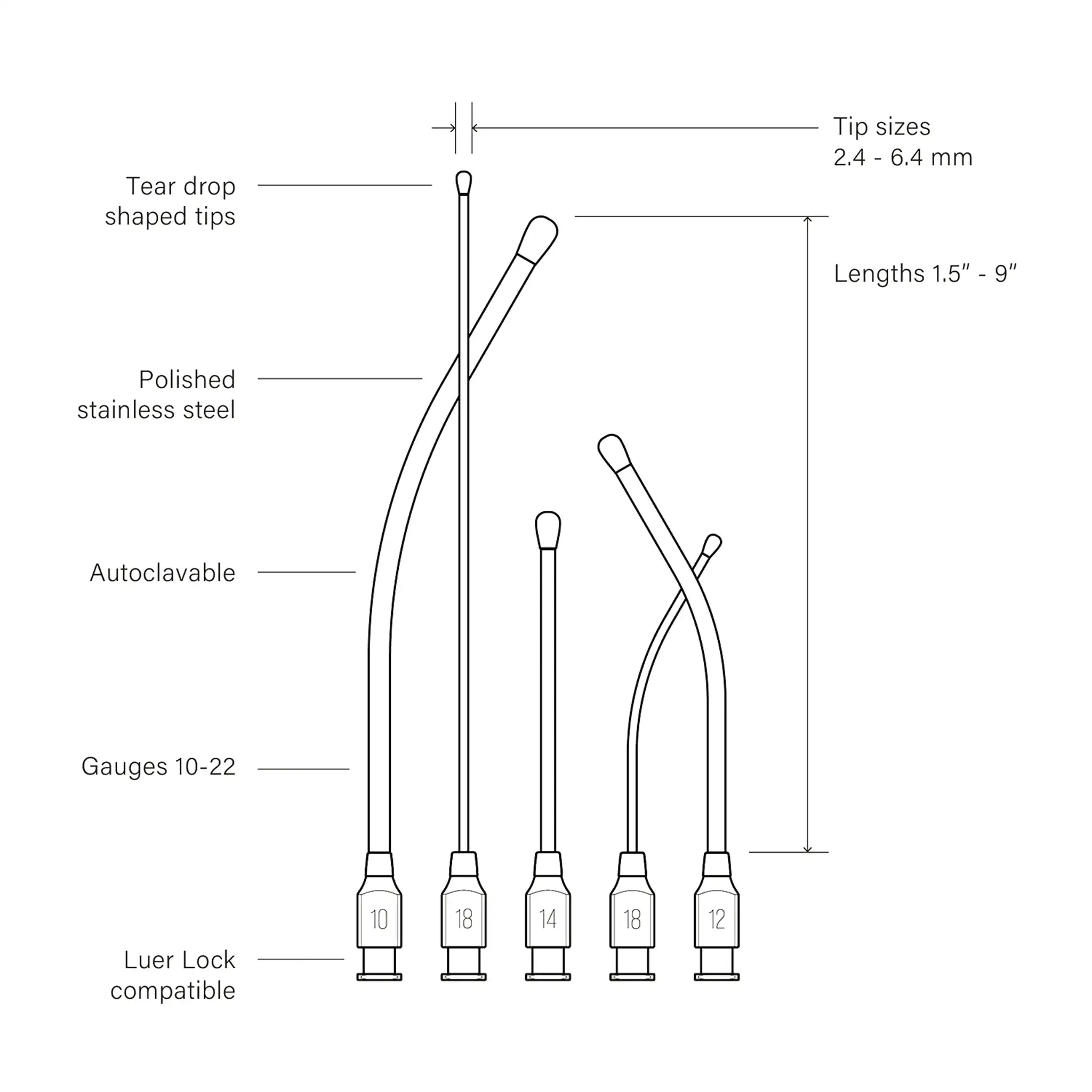 Graphic sketch highlighting different aspects of the feeding needles: tear drop shaped tips, polished stainless steel, autoclavable, gauges range from sizes 10 to 22, Luer Lock compatible, tip sizes range from 2.4 mm to 6.4 mm, lengths range from 1.5