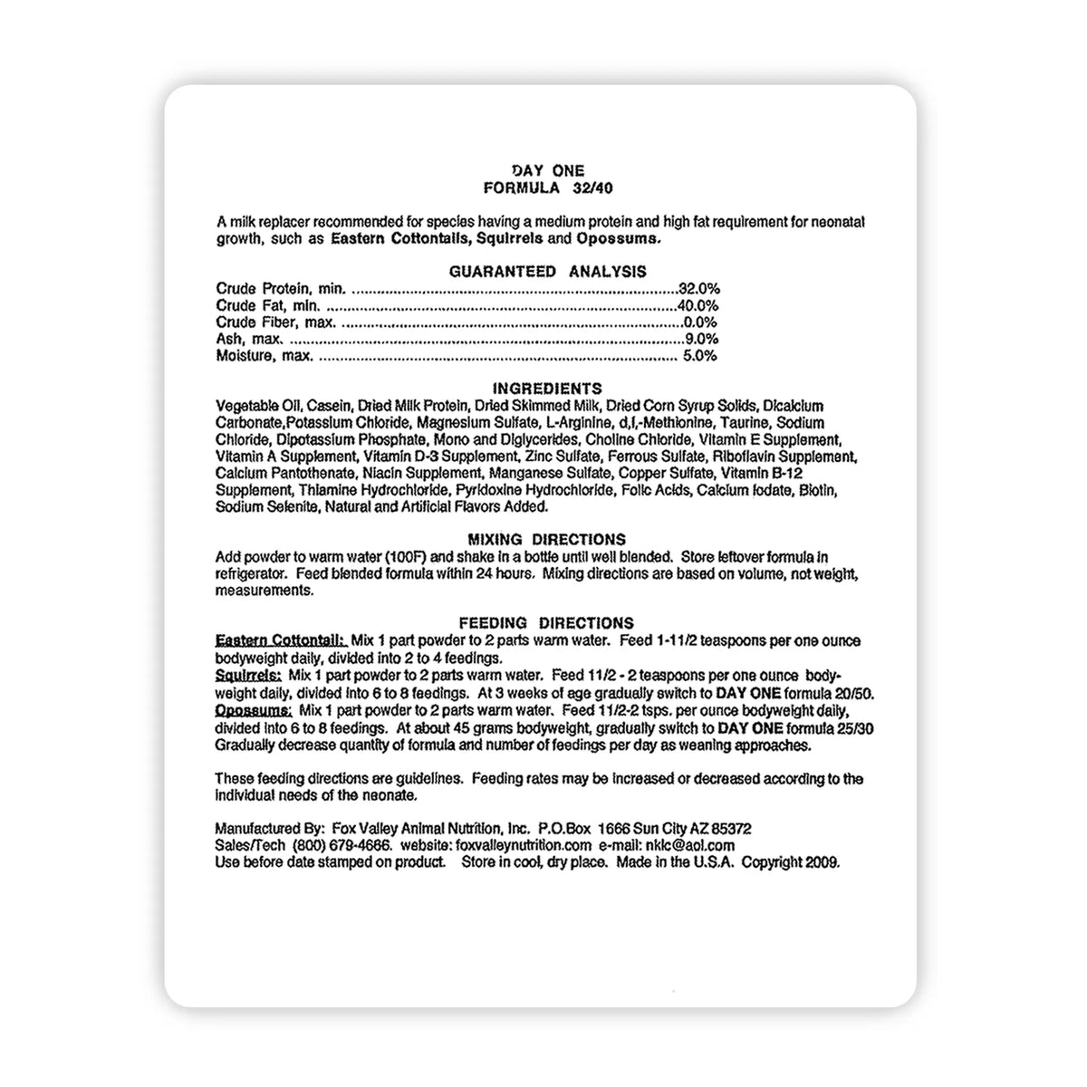 Back label of Fox Valley 32/40. Includes Guaranteed analysis, ingredients, mixing directions, and feeding directions - all these can be found in the product descriptions on this page.
