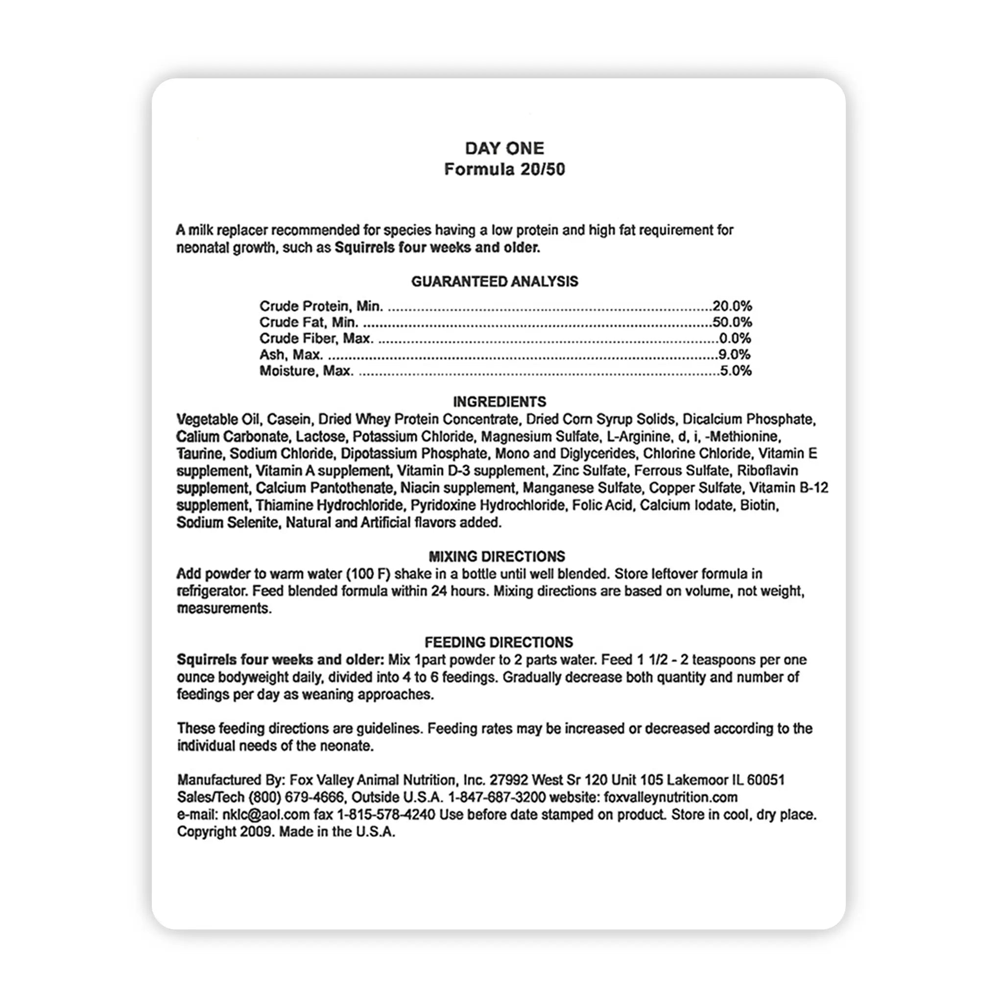 Back label of Fox Valley 20/50. Includes Guaranteed analysis, ingredients, mixing directions, and feeding directions - all these can be found in the product descriptions on this page.