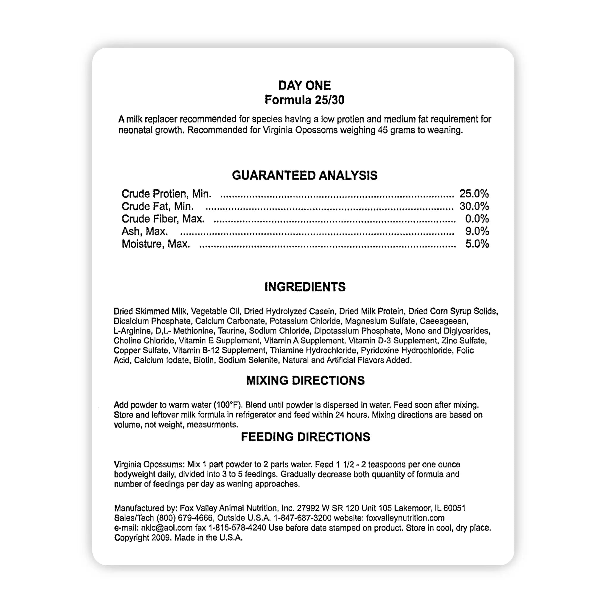 Image of the back label of Fox Valley 25/30 includes guaranteed analysis, ingredients, mixing directions, and feeding directions—all of which can be found in the product descriptions on this page.