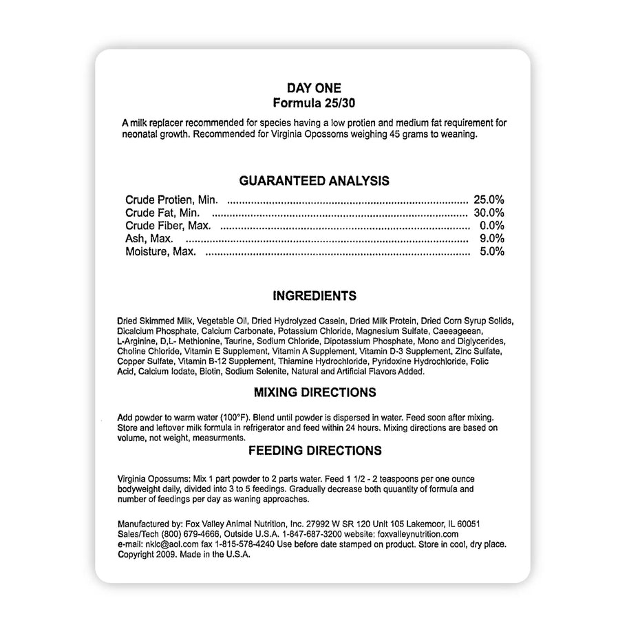 Image of the back label of Fox Valley 25/30 includes guaranteed analysis, ingredients, mixing directions, and feeding directions—all of which can be found in the product descriptions on this page.