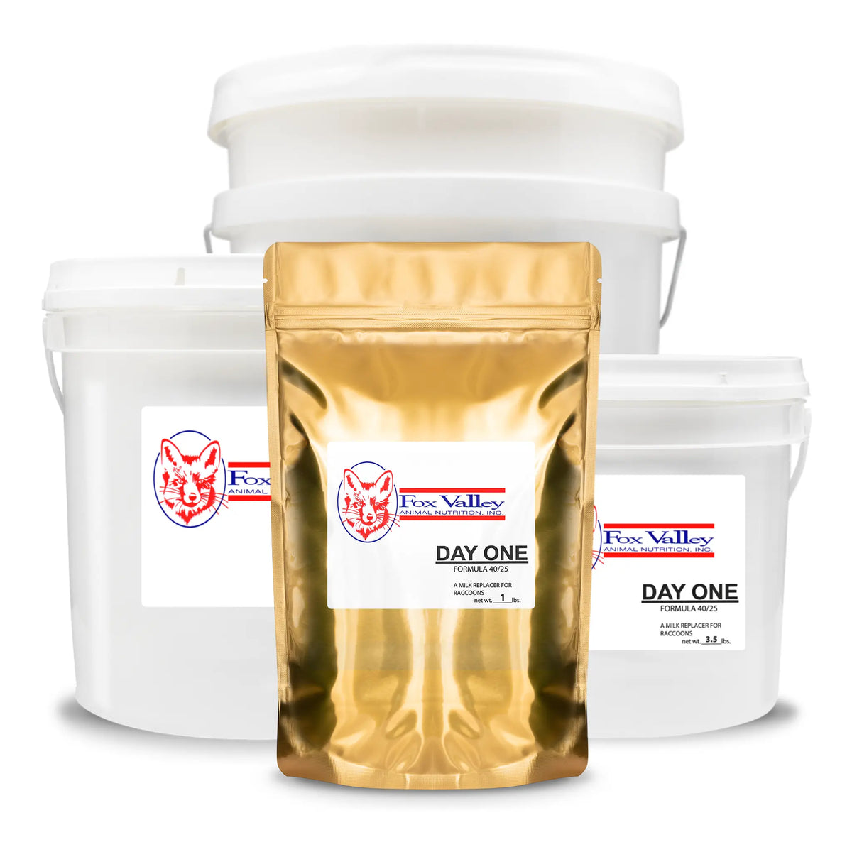 Image of all four sizes Fox Valley 40/25 for Raccoons. Including 1 lb, 3.5 lbs, 8 lbs, 20 lbs.