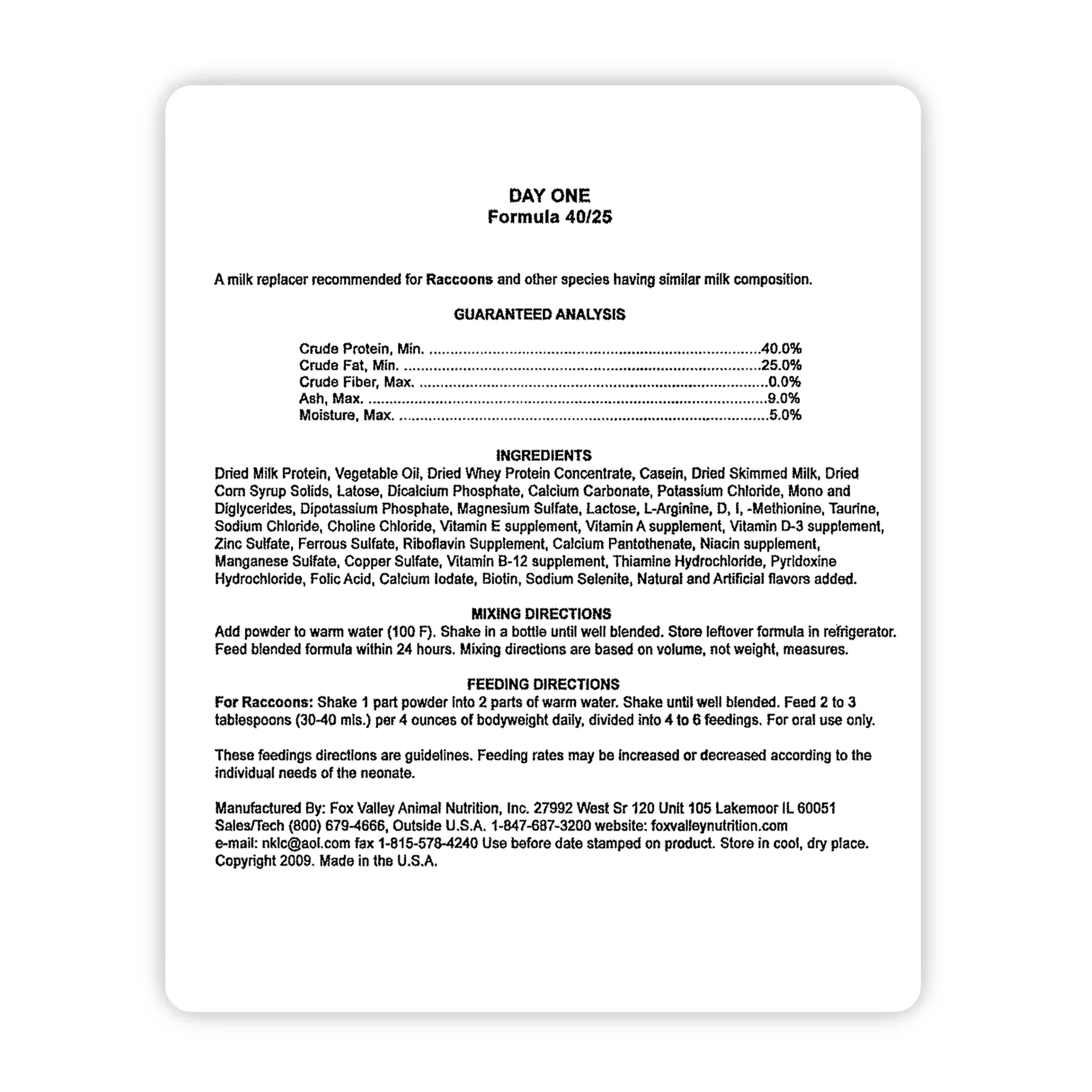 Image of the back label of Fox Valley 40/25 includes guaranteed analysis, ingredients, mixing directions, and feeding directions—all of which can be found in the product descriptions on this page.