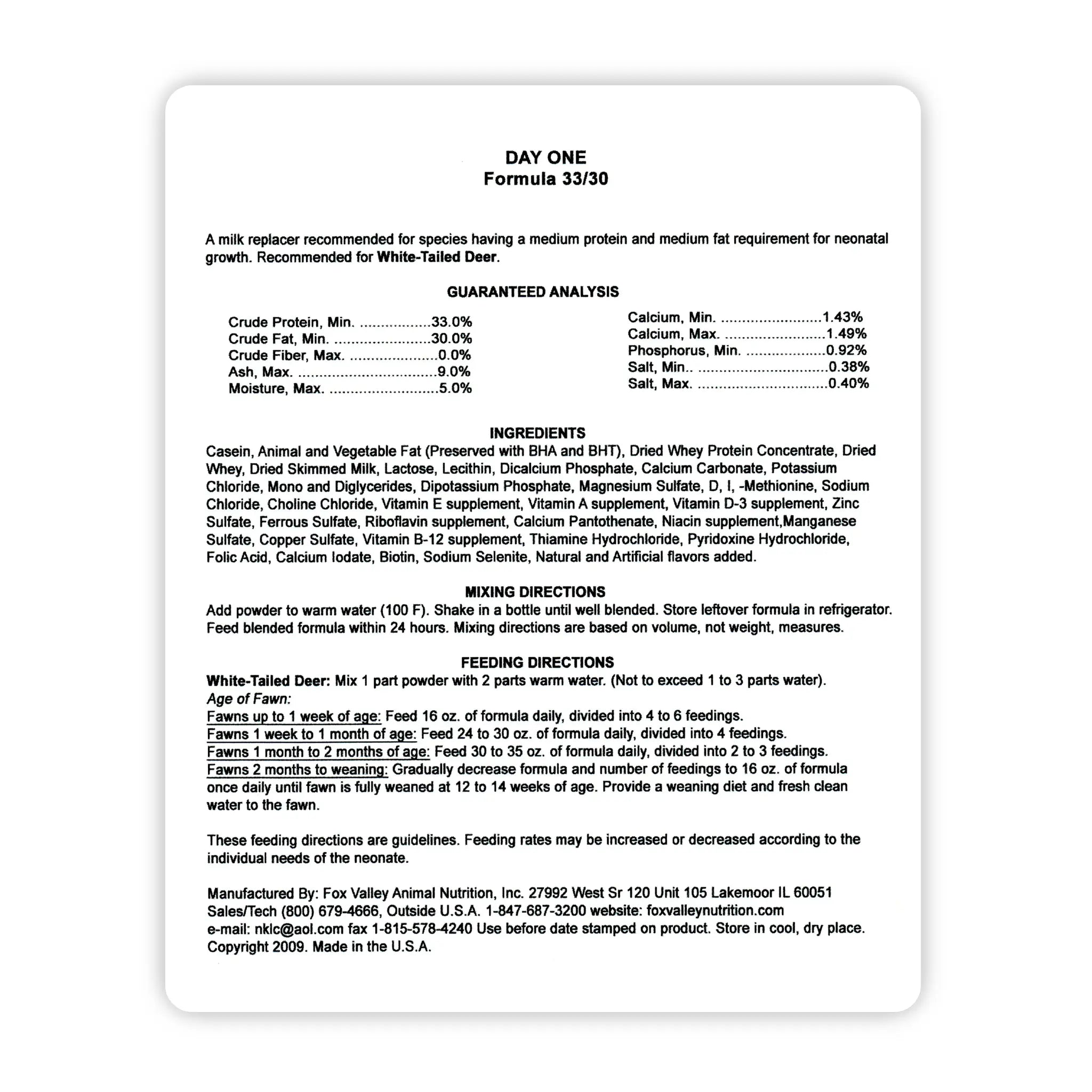 Image of the back label of Fox Valley 33/30 includes guaranteed analysis, ingredients, mixing directions, and feeding directions—all of which can be found in the product descriptions on this page.