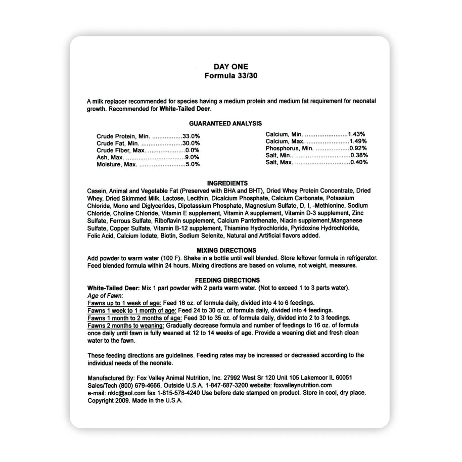 Image of the back label of Fox Valley 33/30 includes guaranteed analysis, ingredients, mixing directions, and feeding directions—all of which can be found in the product descriptions on this page.