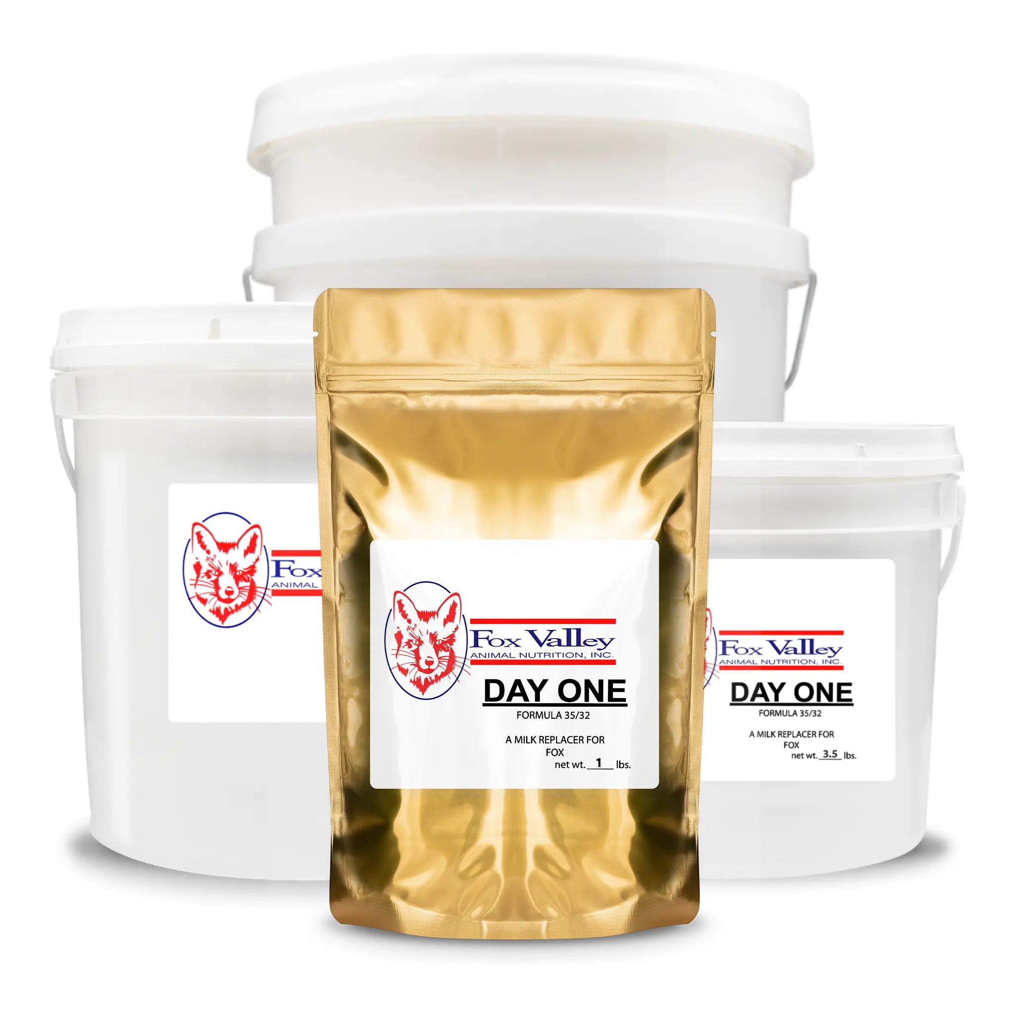 Image of all four sizes of Fox Valley 35/32 for Fox. Including 1 lb, 3.5 lbs, 8 lbs, 20 lbs.