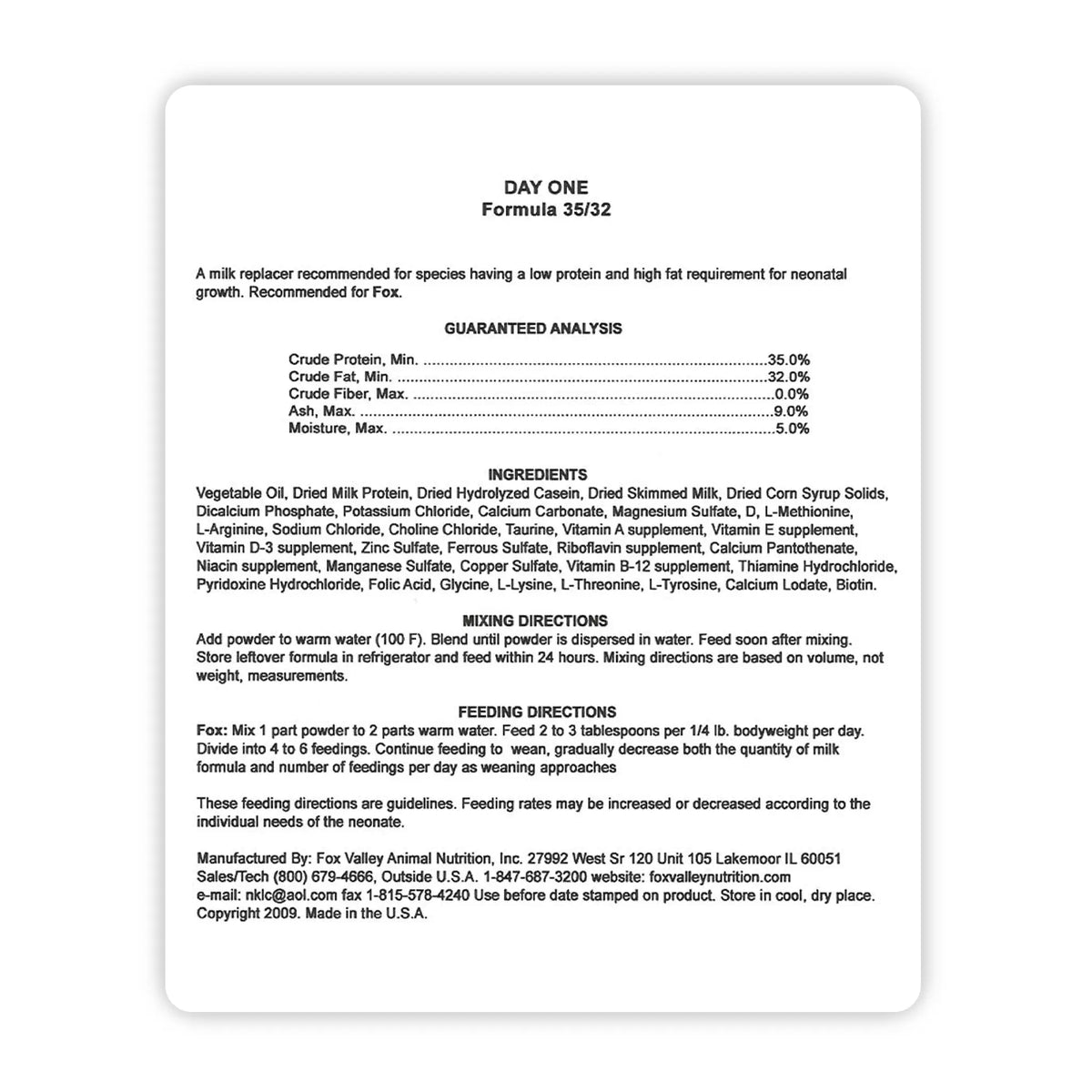 Image of the back label of Fox Valley 35/32 includes guaranteed analysis, ingredients, mixing directions, and feeding directions—all of which can be found in the product descriptions on this page.