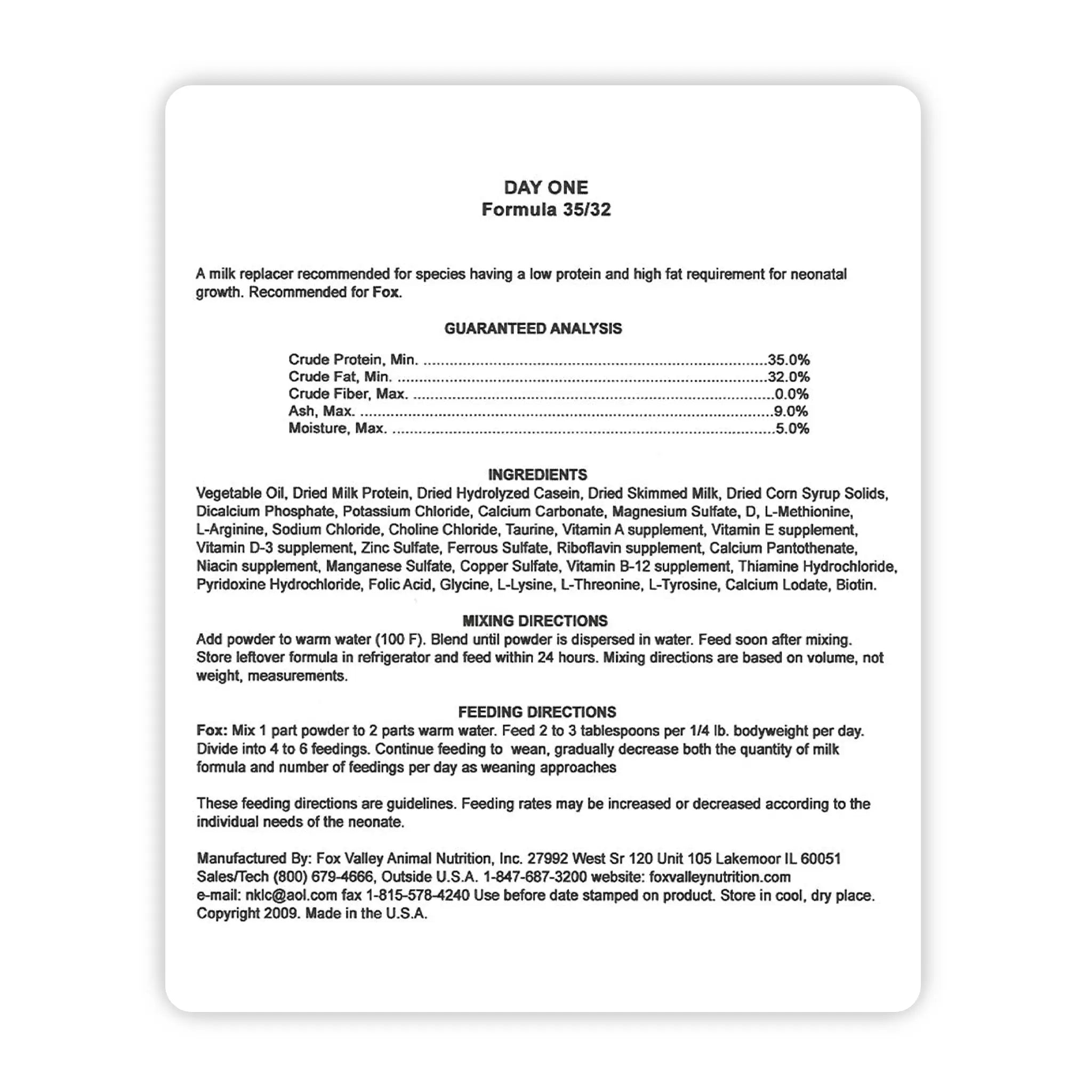 Image of the back label of Fox Valley 35/32 includes guaranteed analysis, ingredients, mixing directions, and feeding directions—all of which can be found in the product descriptions on this page.