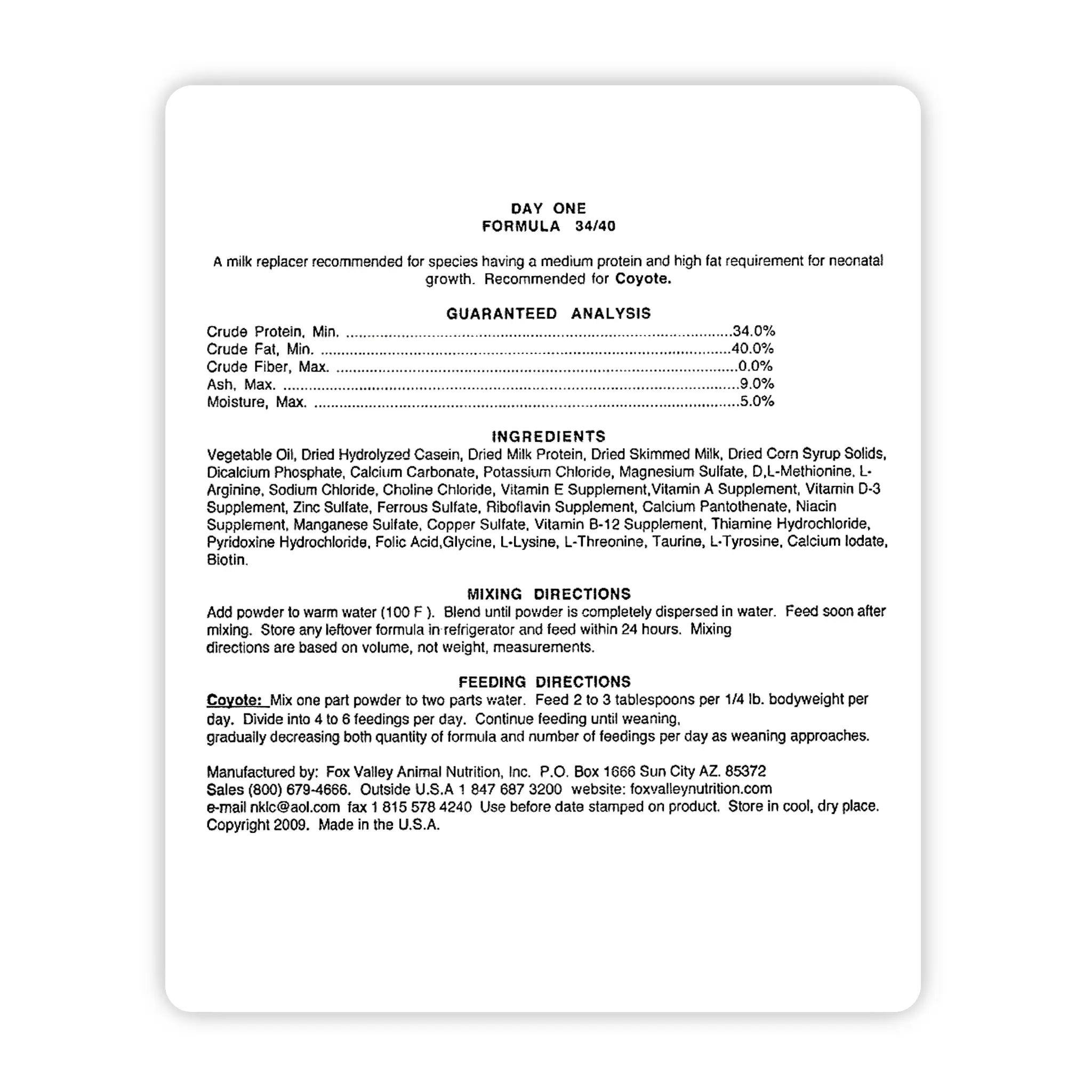 Image of the back label of Fox Valley 34/40 includes guaranteed analysis, ingredients, mixing directions, and feeding directions—all of which can be found in the product descriptions on this page.