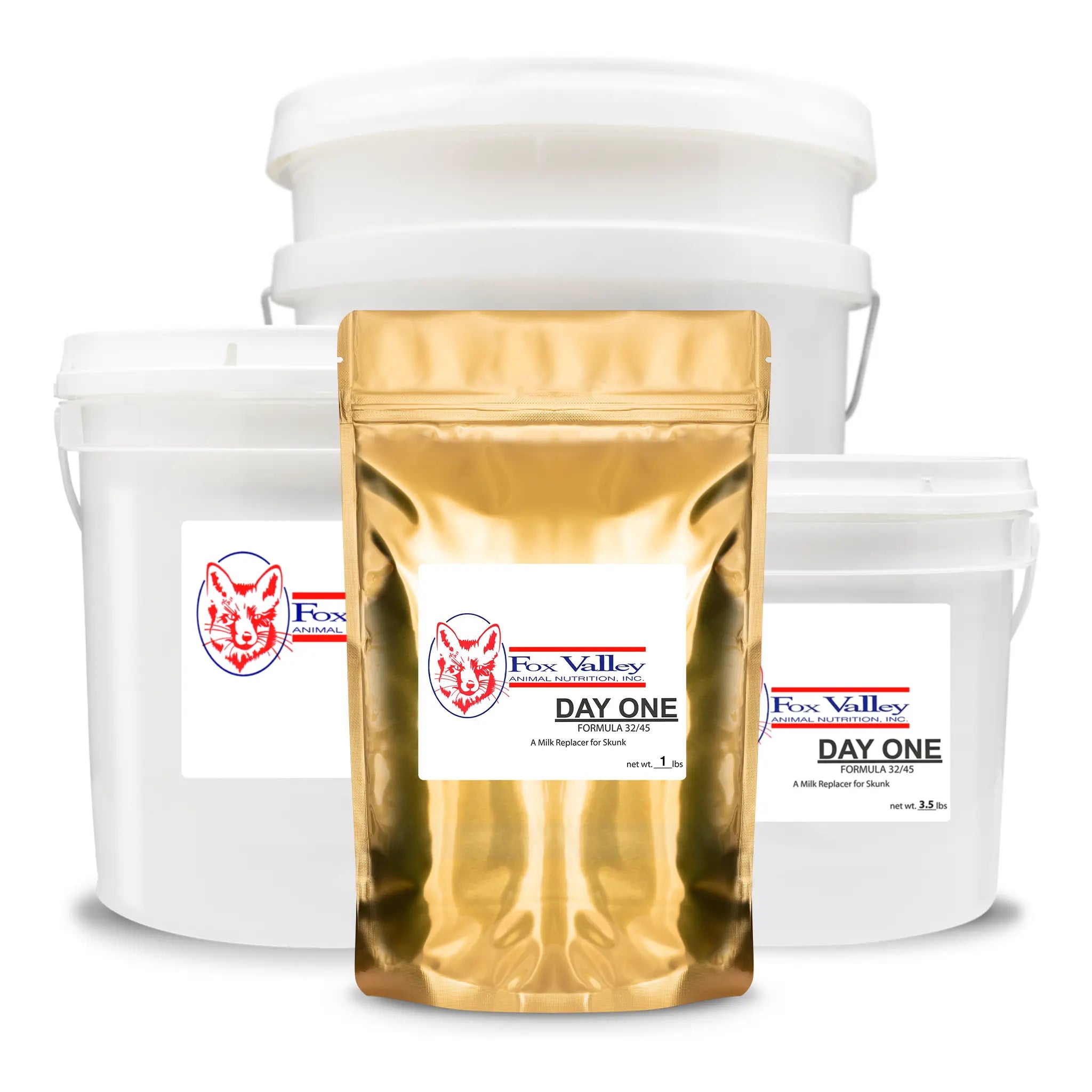 Image of all four sizes of Fox Valley 32/45 for Skunks. Including 1 lb, 3.5 lbs, 8 lbs, 20 lbs.