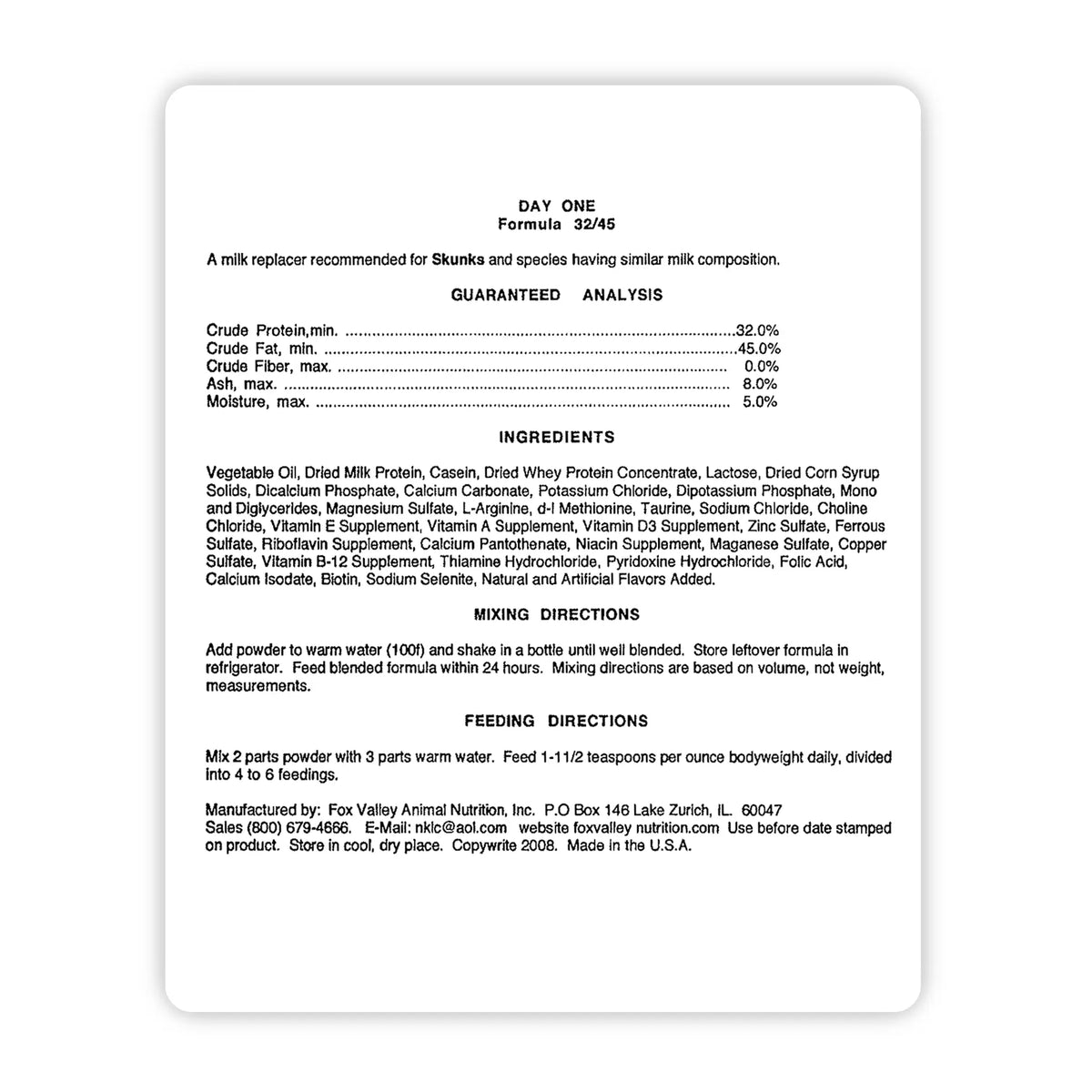 Image of the back label of Fox Valley 32/45 includes guaranteed analysis, ingredients, mixing directions, and feeding directions—all of which can be found in the product descriptions on this page.