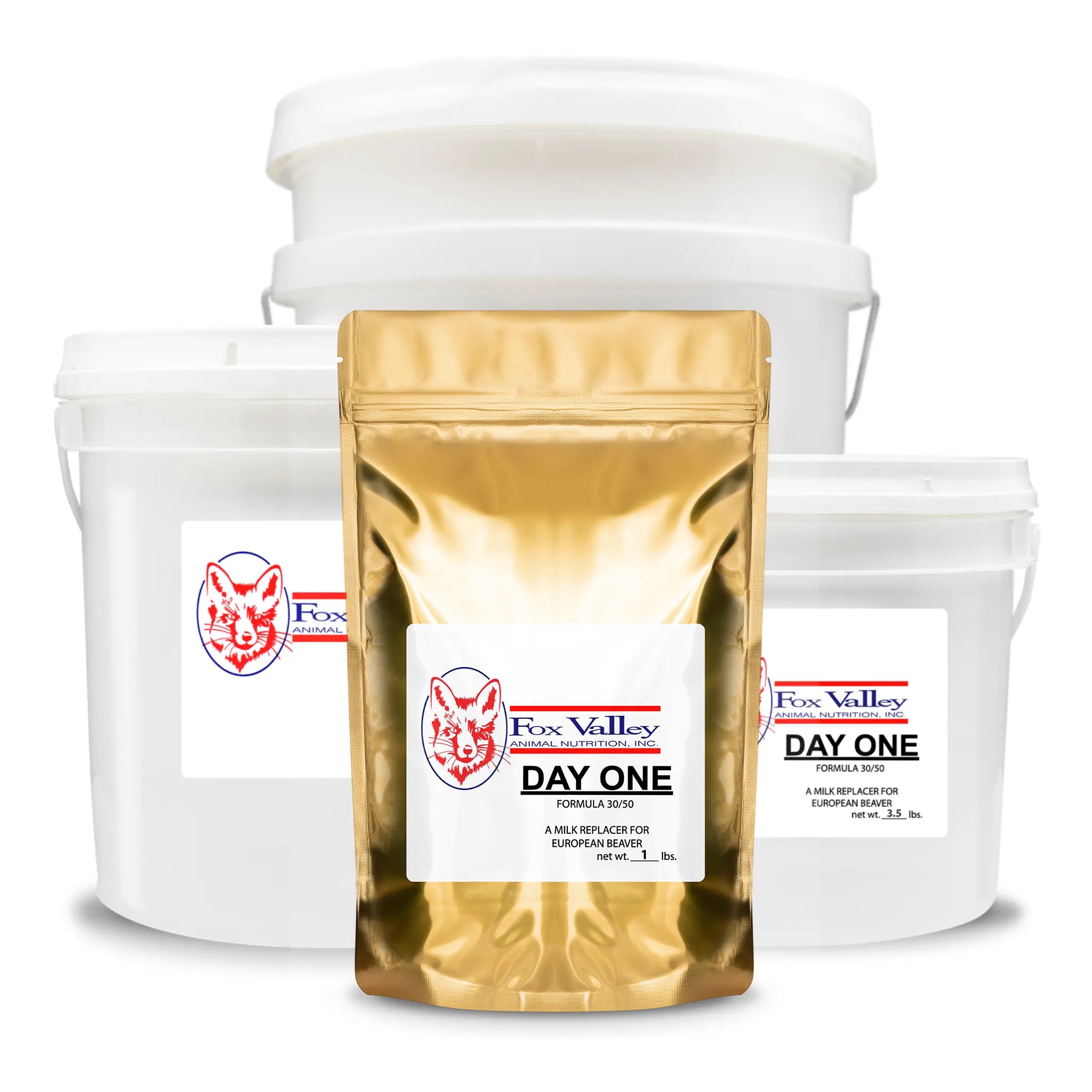 Image of all four sizes of Fox Valley 30/50 Formula for European Beavers. Including 1 lb, 3.5 lbs, 8 lbs, 20 lbs.