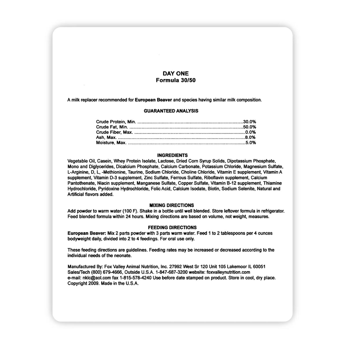 Image of the back label of Fox Valley 30/50 includes guaranteed analysis, ingredients, mixing directions, and feeding directions—all of which can be found in the product descriptions on this page.