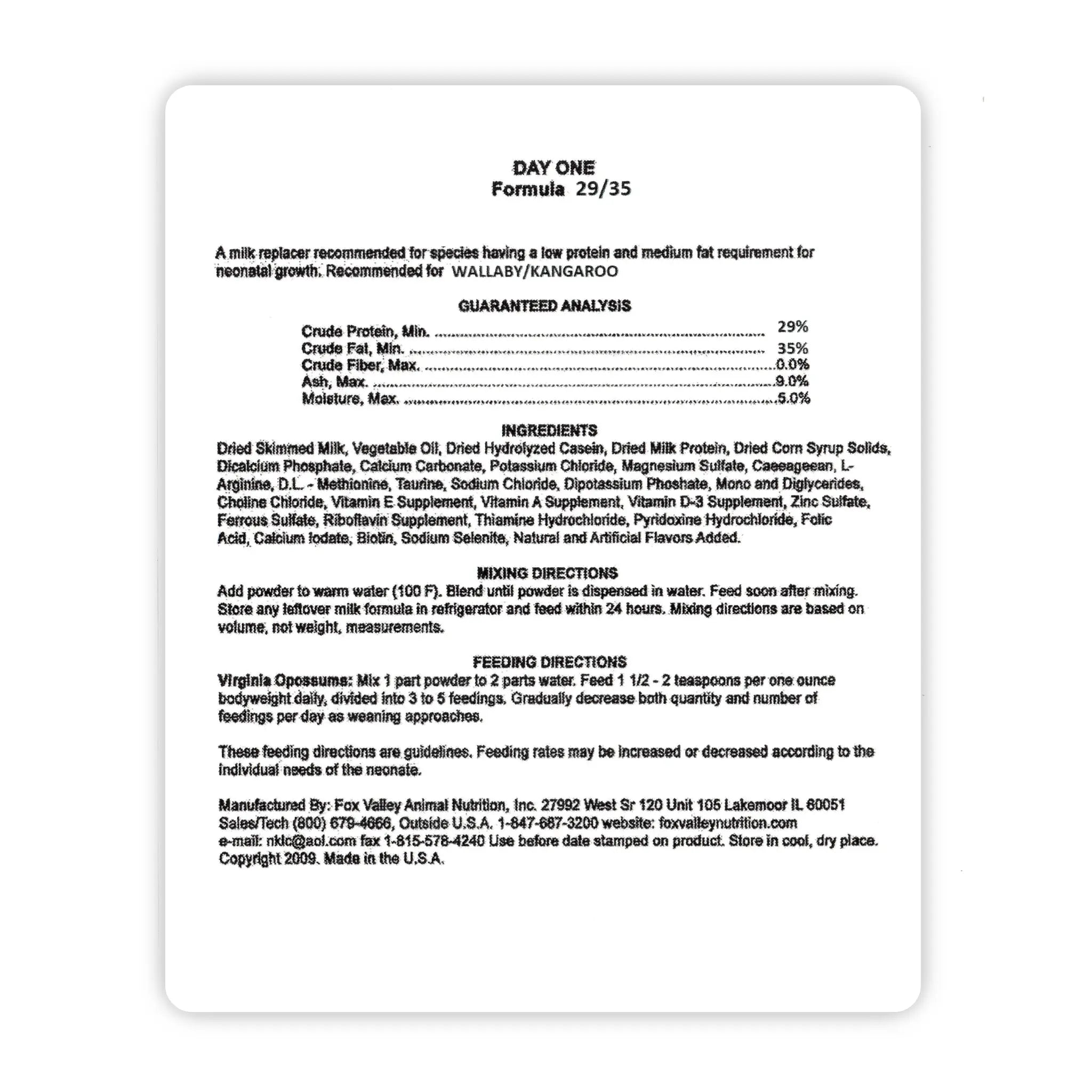 Image of the back label of Fox Valley 29/35 includes guaranteed analysis, ingredients, mixing directions, and feeding directions—all of which can be found in the product descriptions on this page.