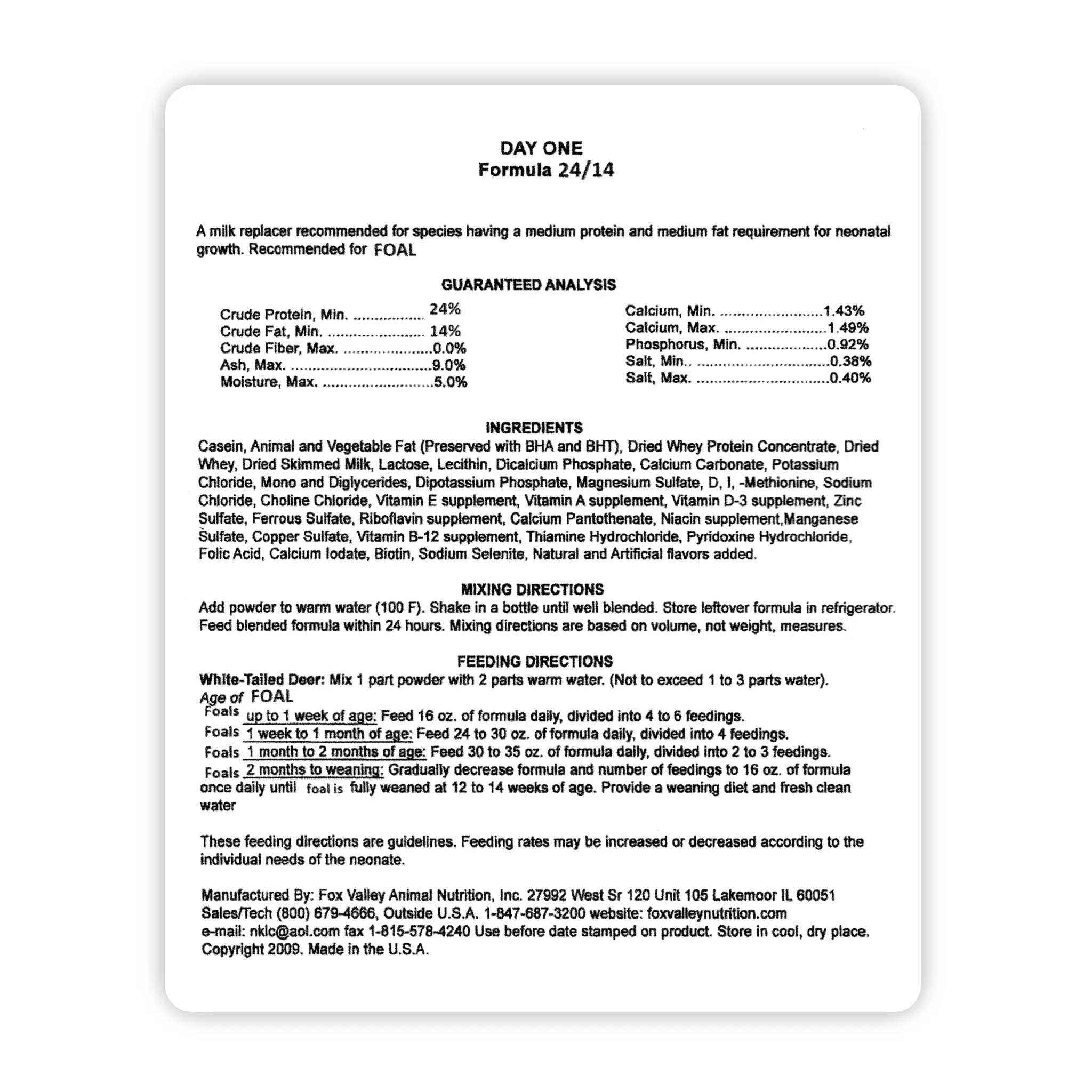 Image of the back label of Fox Valley 24/14 includes guaranteed analysis, ingredients, mixing directions, and feeding directions—all of which can be found in the product descriptions on this page.