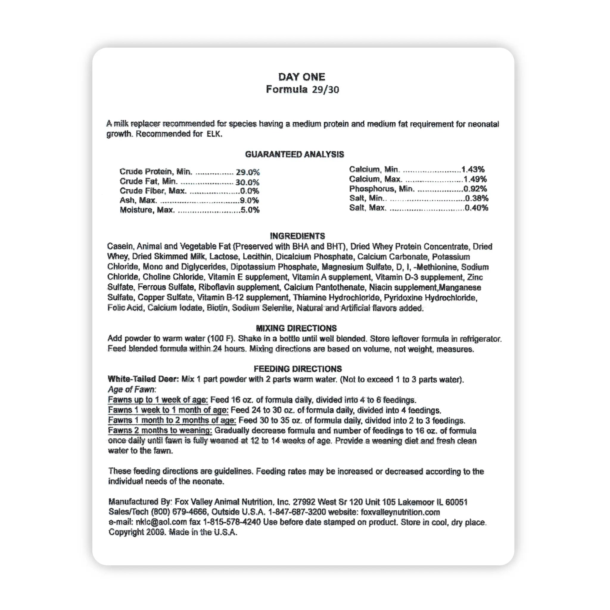 Image of the back label of Fox Valley 29/30 includes guaranteed analysis, ingredients, mixing directions, and feeding directions—all of which can be found in the product descriptions on this page.