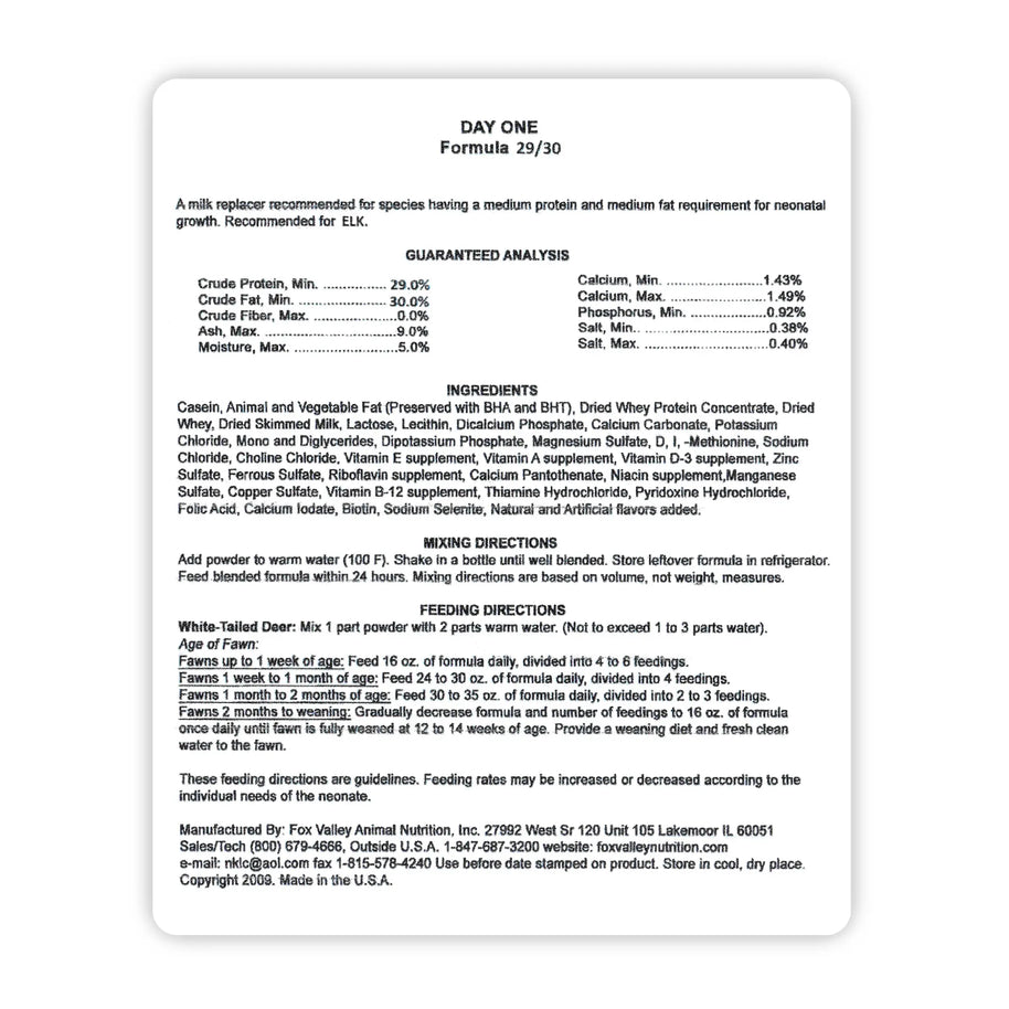 Image of the back label of Fox Valley 29/30 includes guaranteed analysis, ingredients, mixing directions, and feeding directions—all of which can be found in the product descriptions on this page.