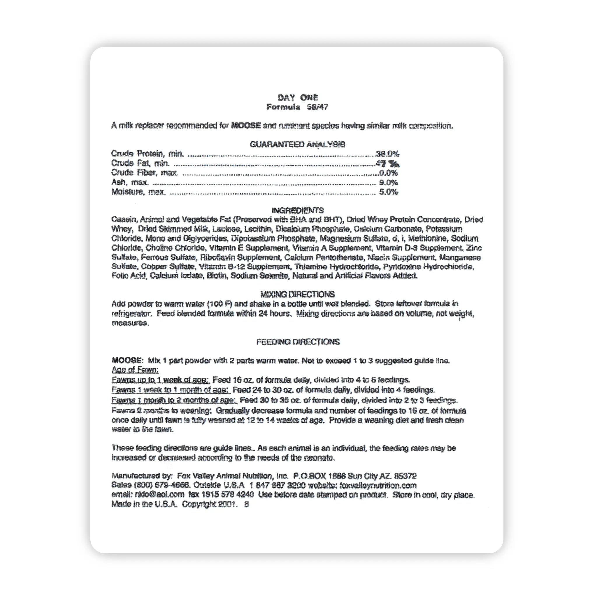 Image of the back label of Fox Valley 38/47 includes guaranteed analysis, ingredients, mixing directions, and feeding directions—all of which can be found in the product descriptions on this page.