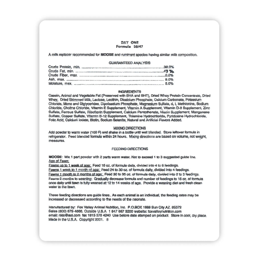 Image of the back label of Fox Valley 38/47 includes guaranteed analysis, ingredients, mixing directions, and feeding directions—all of which can be found in the product descriptions on this page.