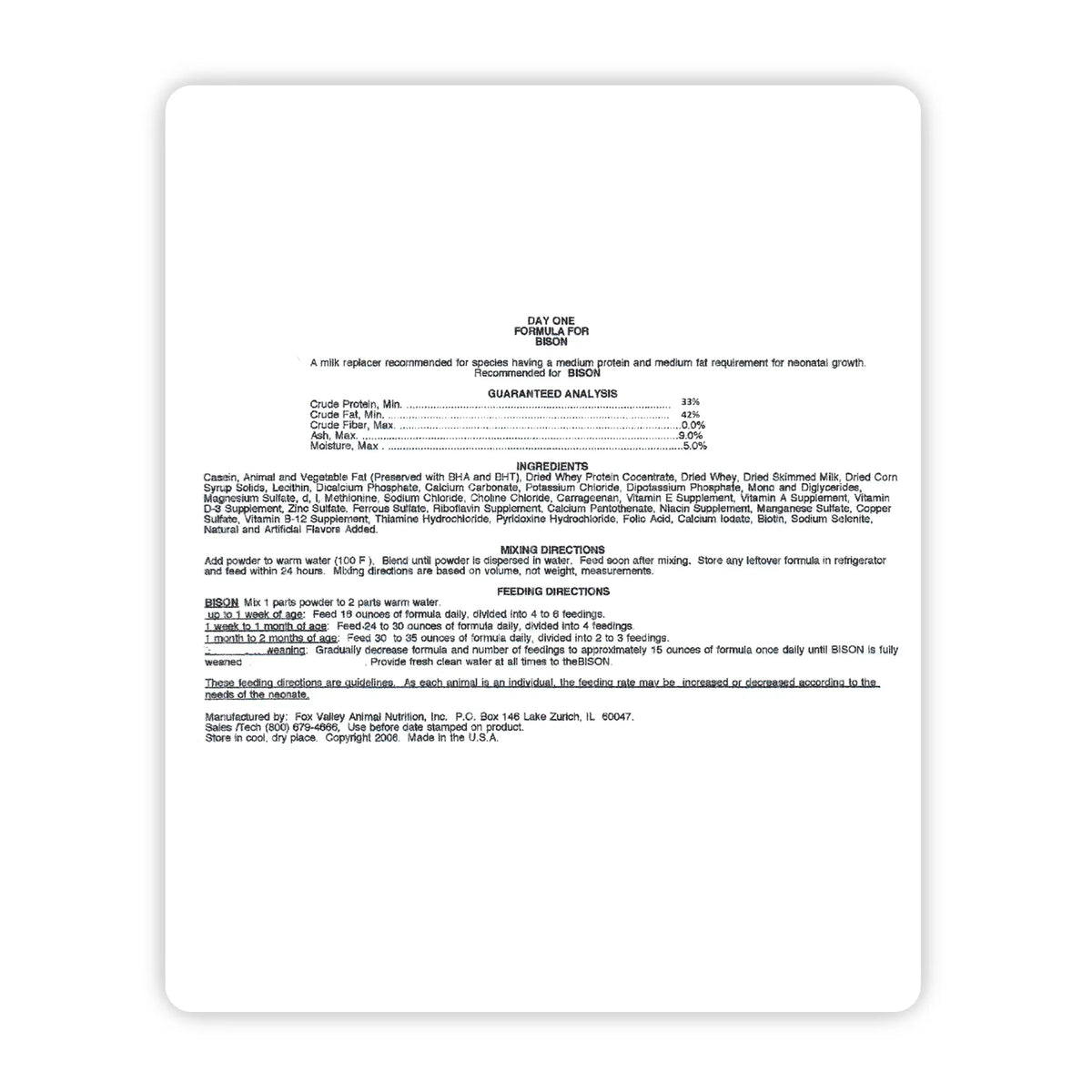 Image of the back label of Fox Valley 33/42 includes guaranteed analysis, ingredients, mixing directions, and feeding directions—all of which can be found in the product descriptions on this page.