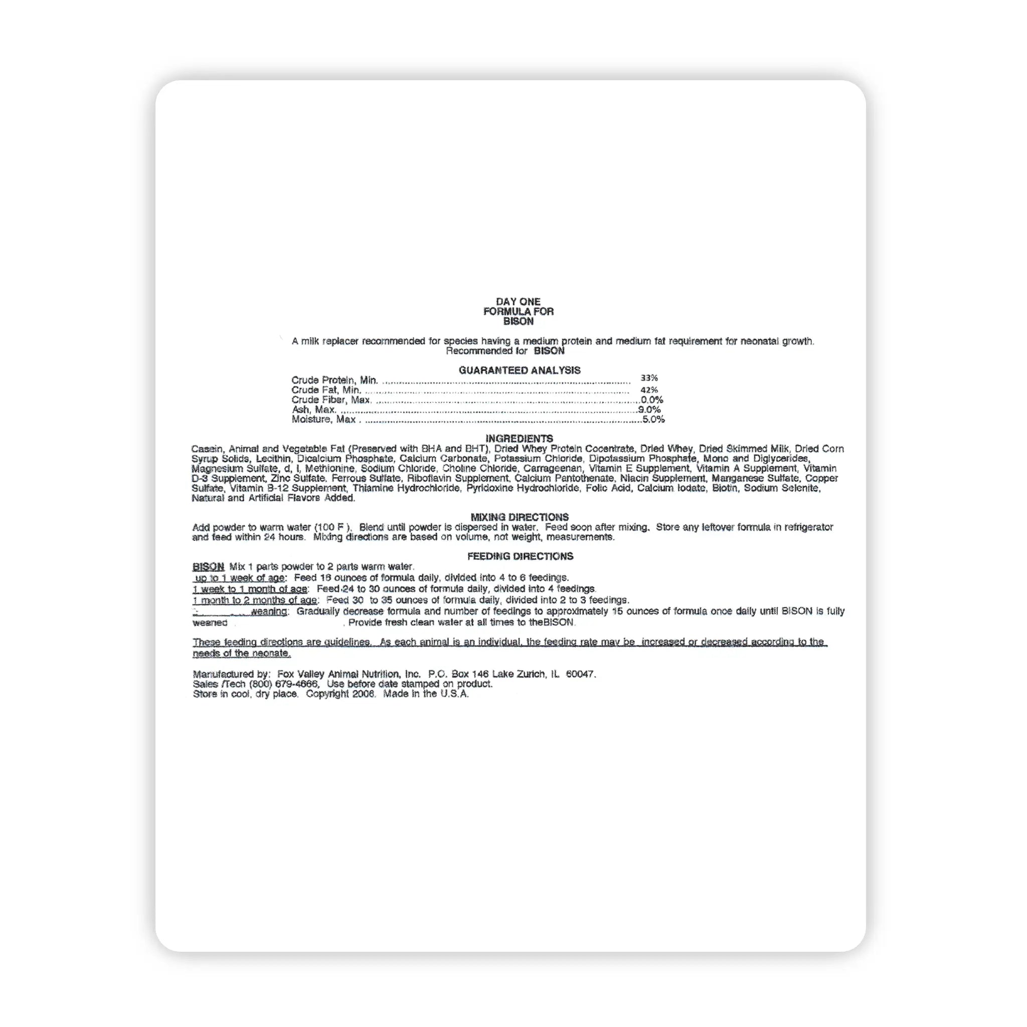 Image of the back label of Fox Valley 33/42 includes guaranteed analysis, ingredients, mixing directions, and feeding directions—all of which can be found in the product descriptions on this page.