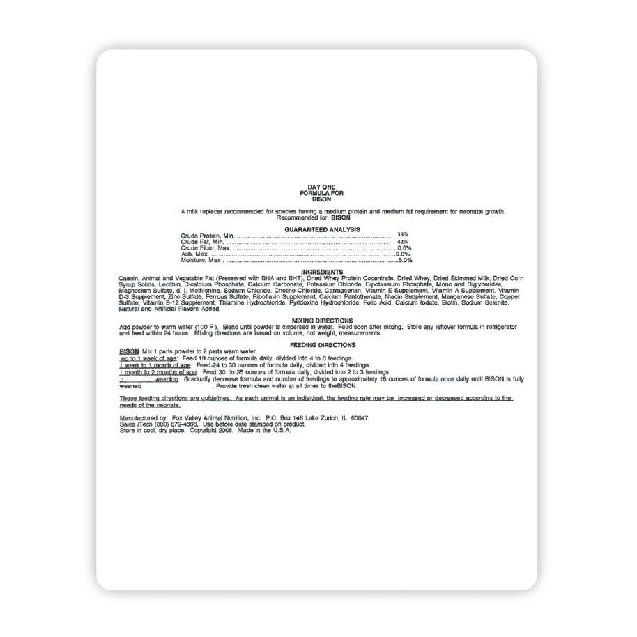 Image of the back label of Fox Valley 33/42 includes guaranteed analysis, ingredients, mixing directions, and feeding directions—all of which can be found in the product descriptions on this page.