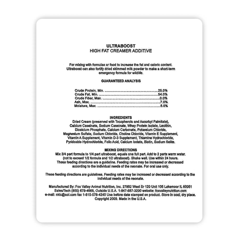 Image of the back label of Fox Valley Ultraboost includes guaranteed analysis, ingredients, mixing directions—all of which can be found in the product descriptions on this page.