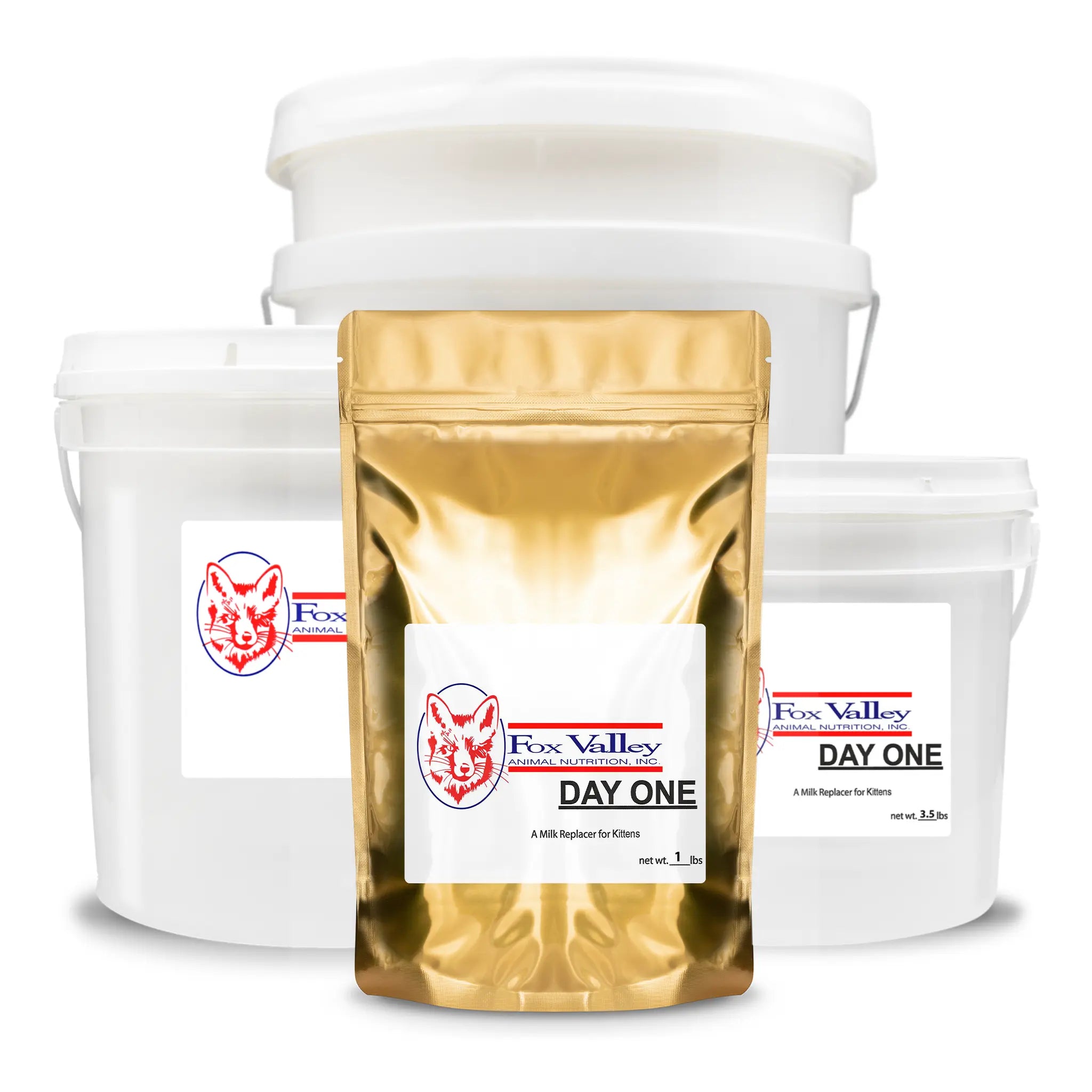 Image of all four sizes of Fox Valley Kitten formula. Including 1 lb, 3.5 lbs, 8 lbs, and 20 lbs.