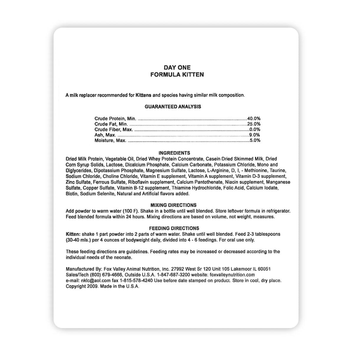 Image of the back label of Fox Valley Kitten includes guaranteed analysis, ingredients, mixing directions, and feeding directions—all of which can be found in the product descriptions on this page.