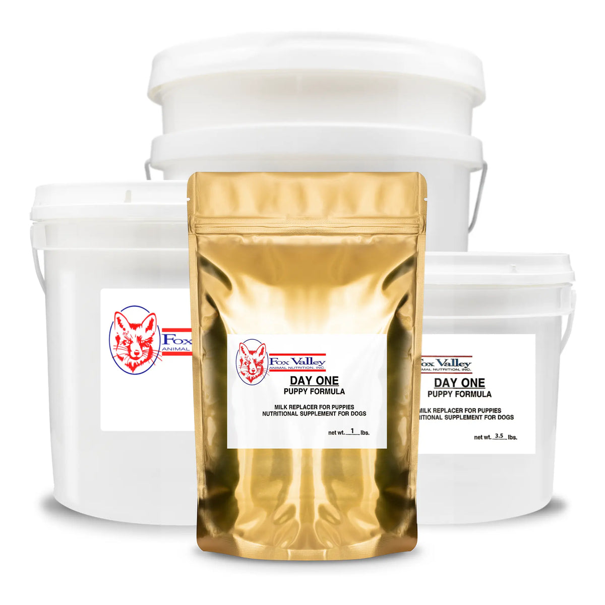 Image of all four sizes of Fox Valley Puppy Formula. Including 1 lb, 3.5 lbs, 8 lbs, 20 lbs.
