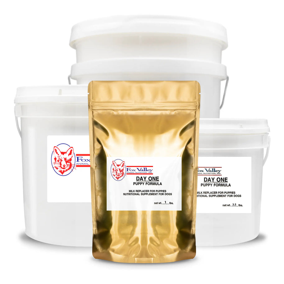 Image of all four sizes of Fox Valley Puppy Formula. Including 1 lb, 3.5 lbs, 8 lbs, 20 lbs.