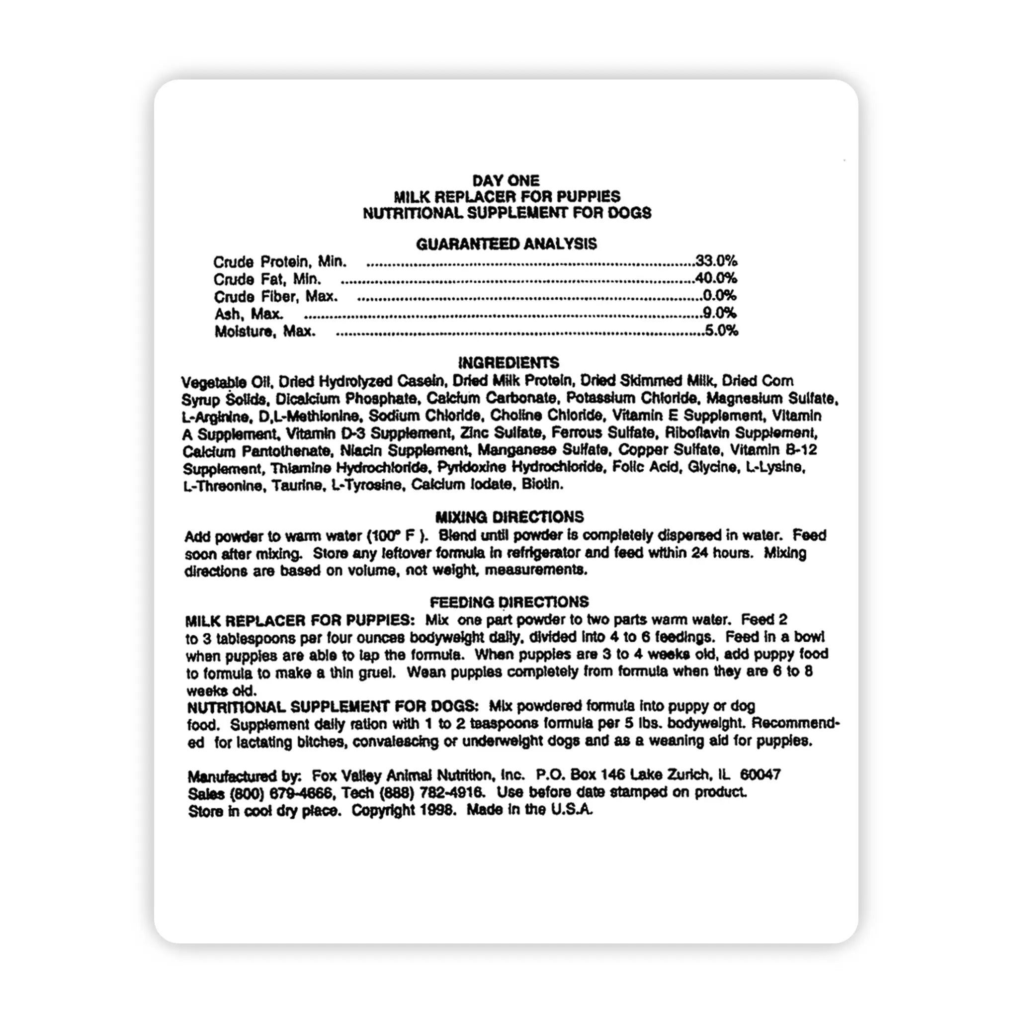 Image of the back label of Fox Valley Puppy includes guaranteed analysis, ingredients, mixing directions, and feeding directions—all of which can be found in the product descriptions on this page.