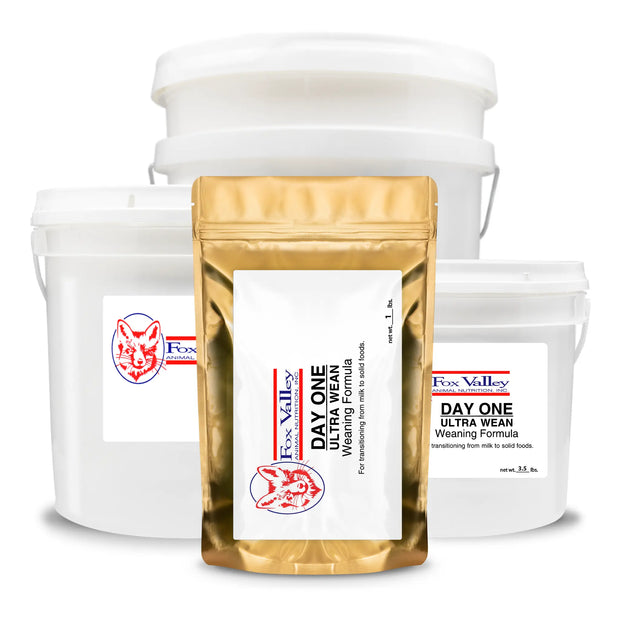 Image of all four sizes of Fox Valley Ultra Wean. Including 1 lb, 3.5 lbs, 8 lbs, 20 lbs.