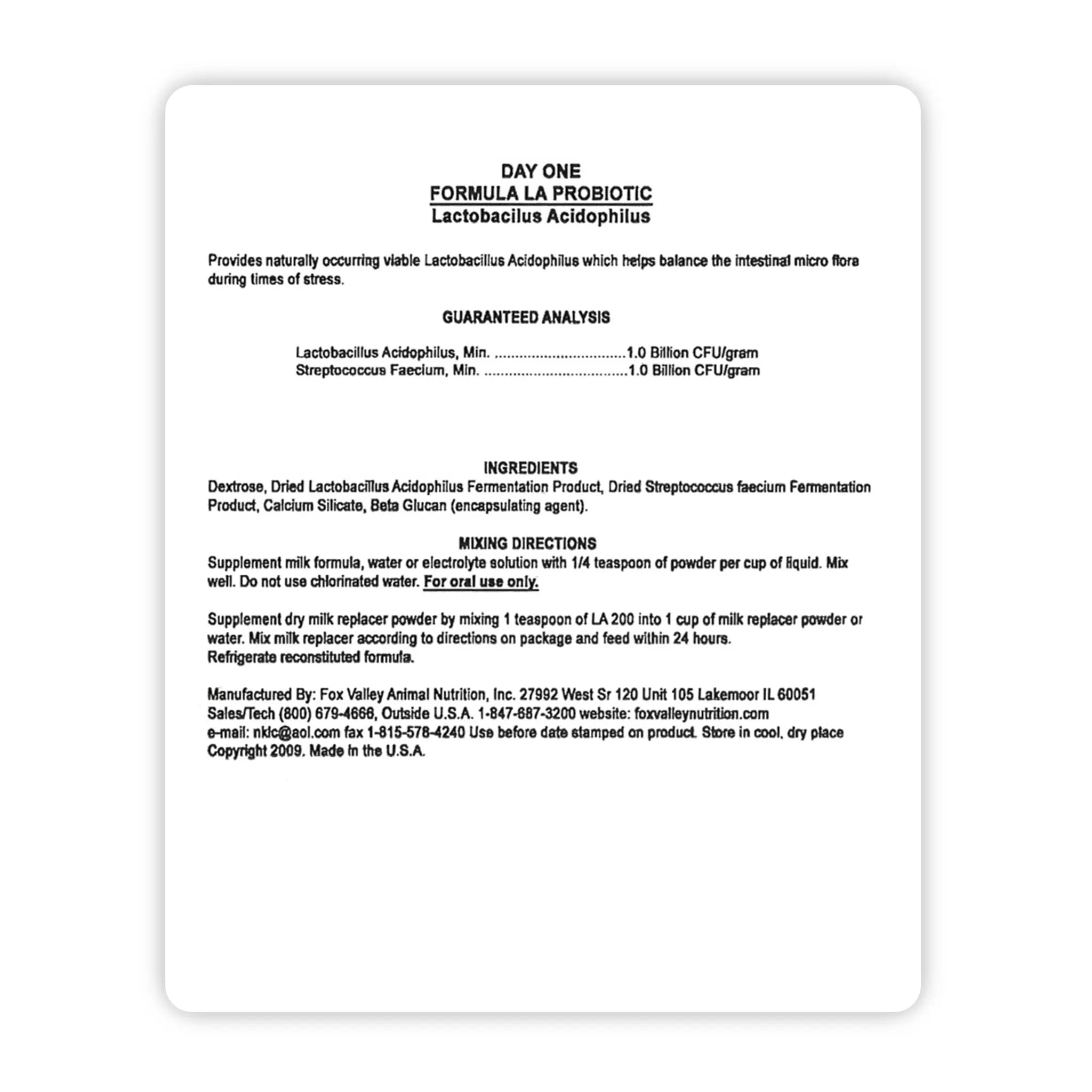 Image of the back label of Fox Valley LA Probiotic includes guaranteed analysis, ingredients, mixing directions — all of which can be found in the product descriptions on this page.