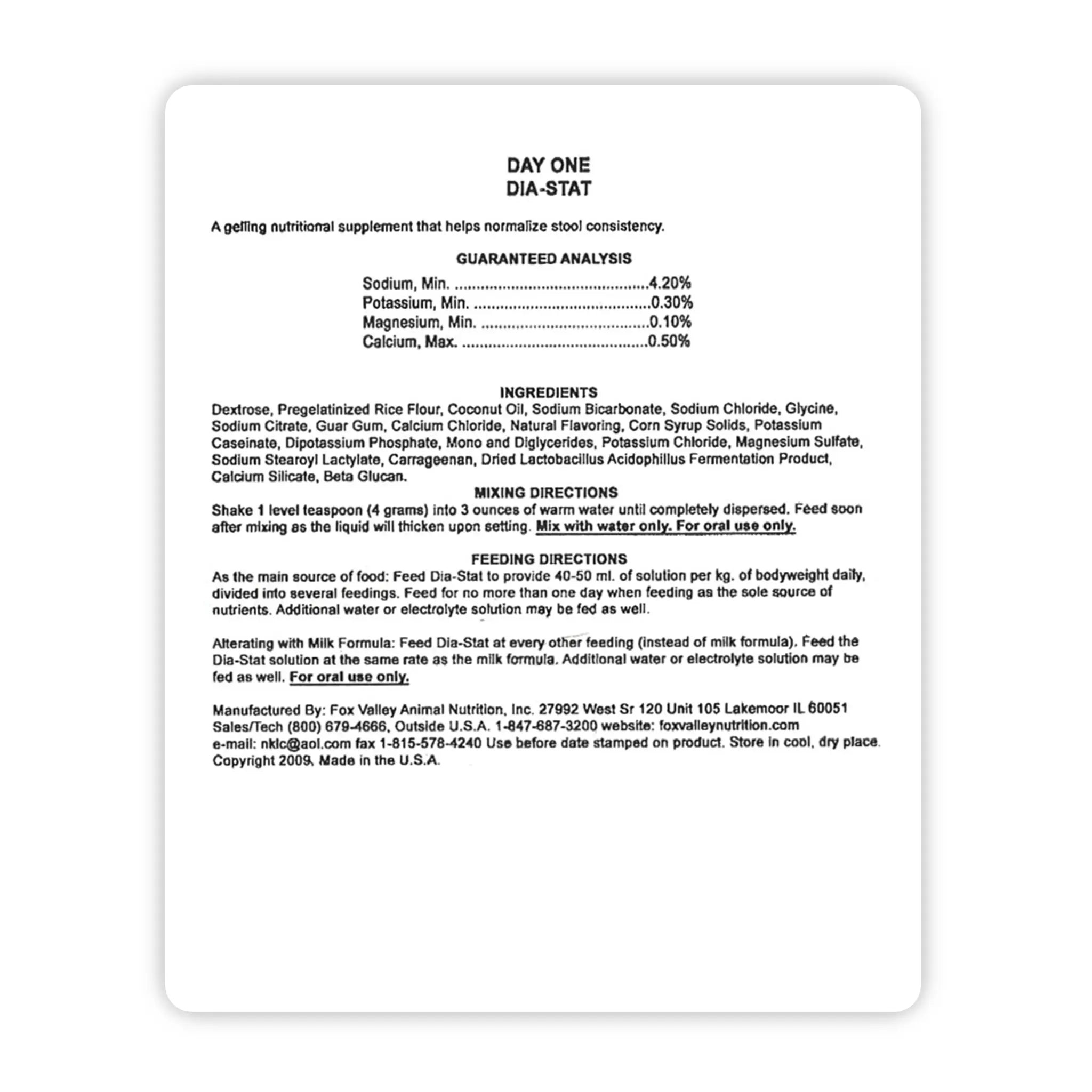 Image of the back label of Fox Valley Dia Stat includes guaranteed analysis, ingredients, mixing directions, and feeding directions—all of which can be found in the product descriptions on this page.
