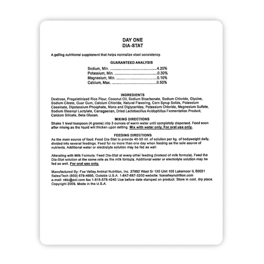 Image of the back label of Fox Valley Dia Stat includes guaranteed analysis, ingredients, mixing directions, and feeding directions—all of which can be found in the product descriptions on this page.