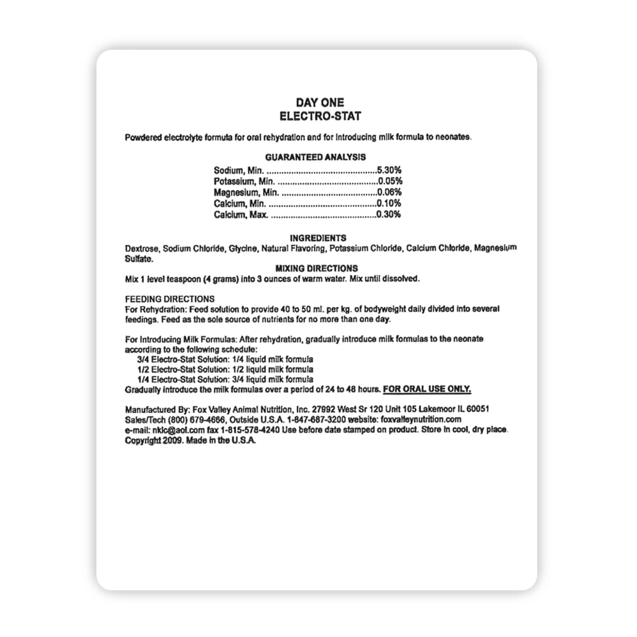 Image of the back label of Fox Valley Electro Stat includes guaranteed analysis, ingredients, mixing directions — all of which can be found in the product descriptions on this page.
