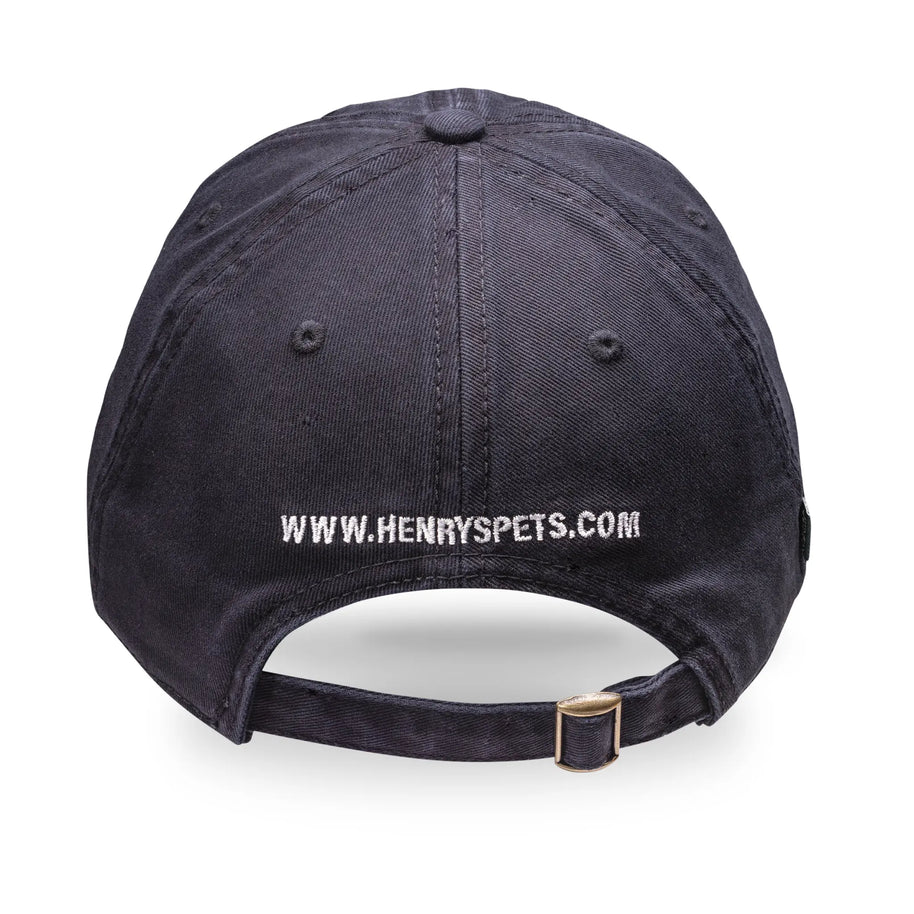 Image of the back of the Henry's Hat, displaying the Henry's Pets URL embroidered across the back in white thread.