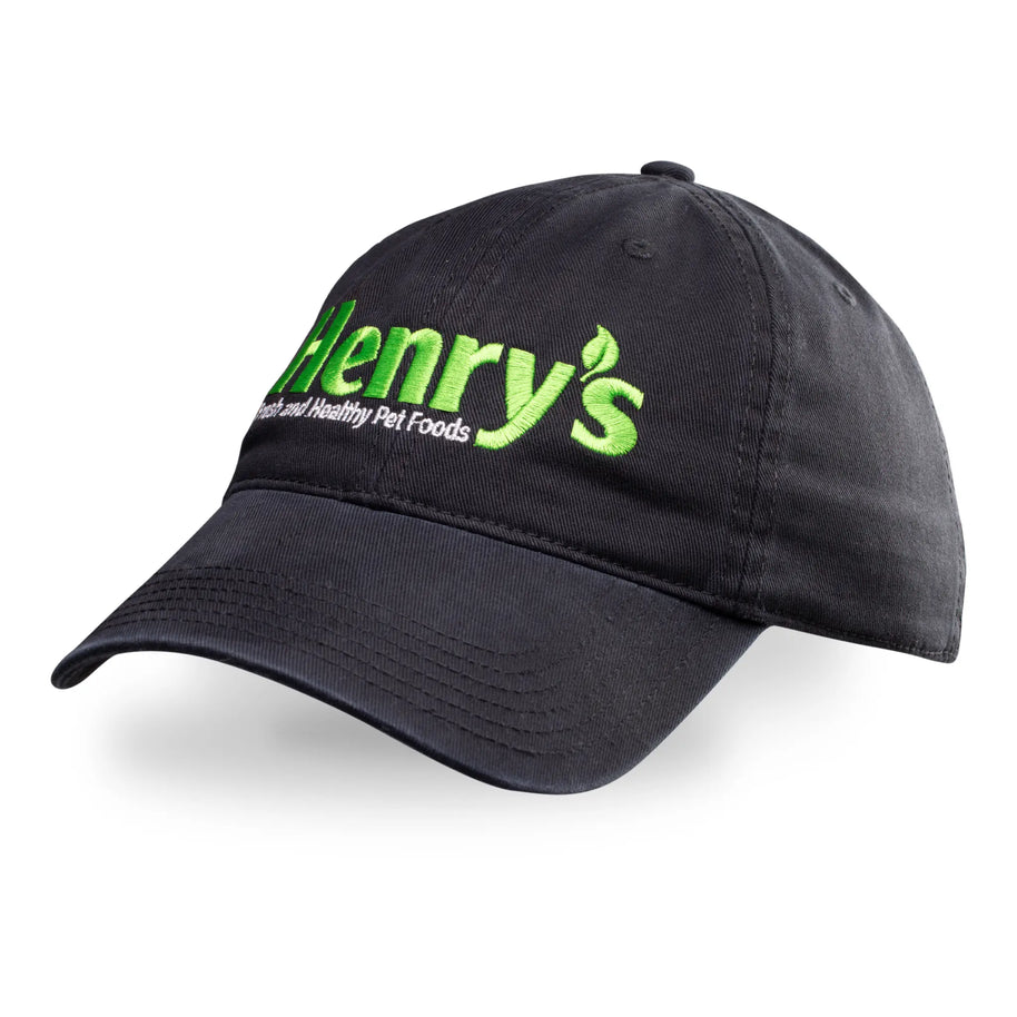 Image of black baseball hat with Henry's signature green logo embroidered across the front.