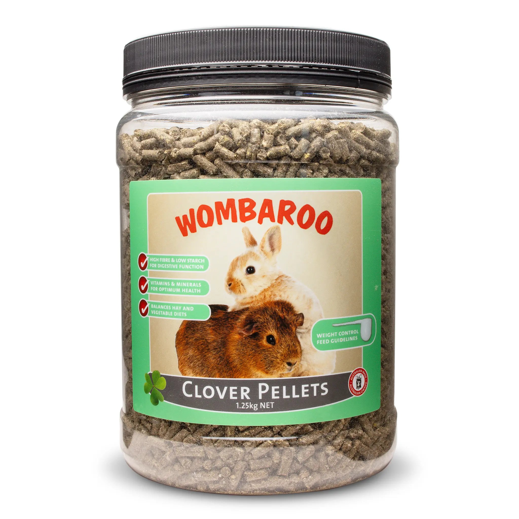 Image of 1.25 kg jar of Wombaroo Clover Pellets.