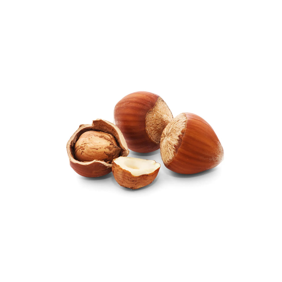 Closeup image of hazelnuts on a white background.